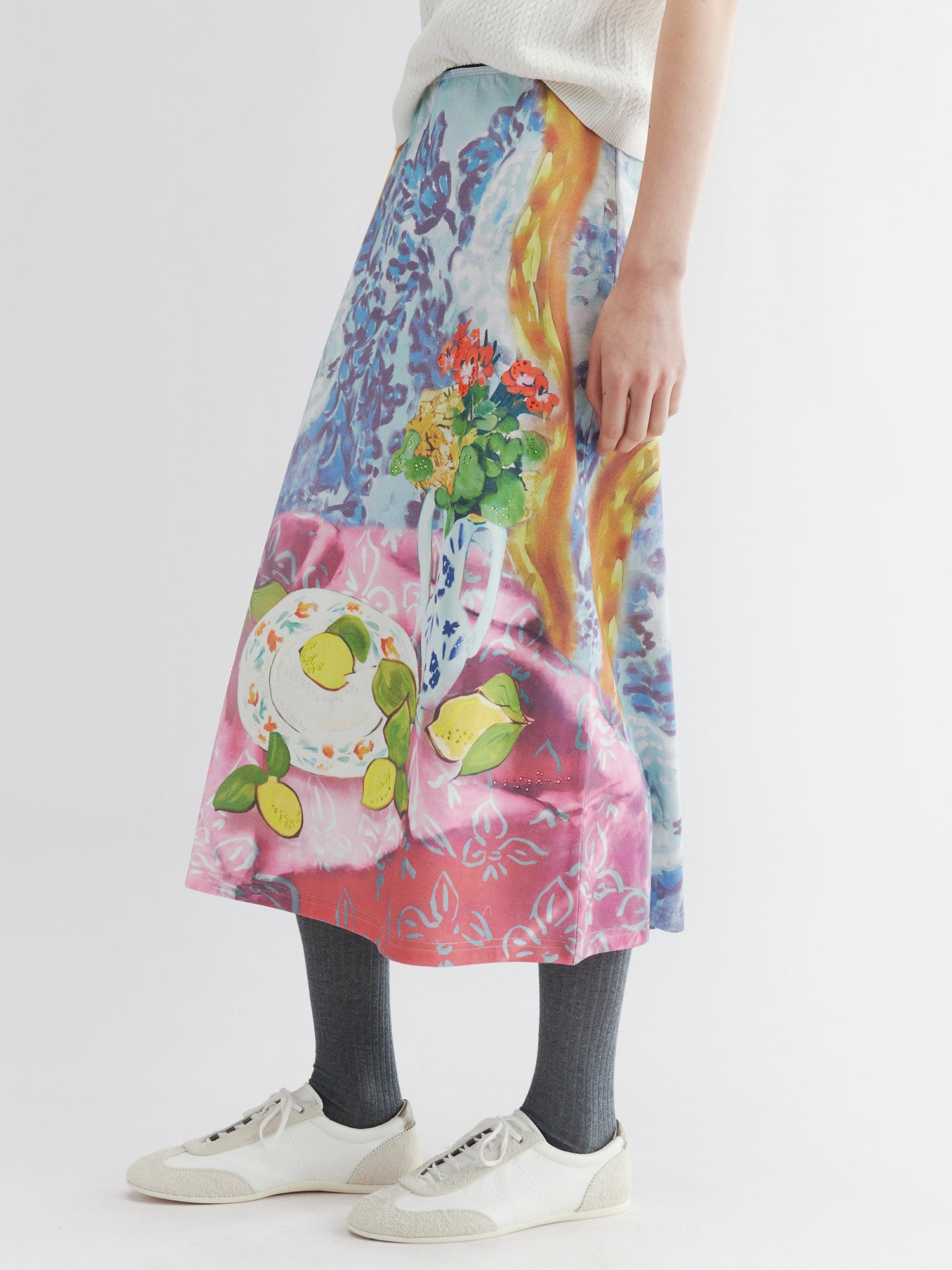 Oil painting floral fruit graphic tee skirt
