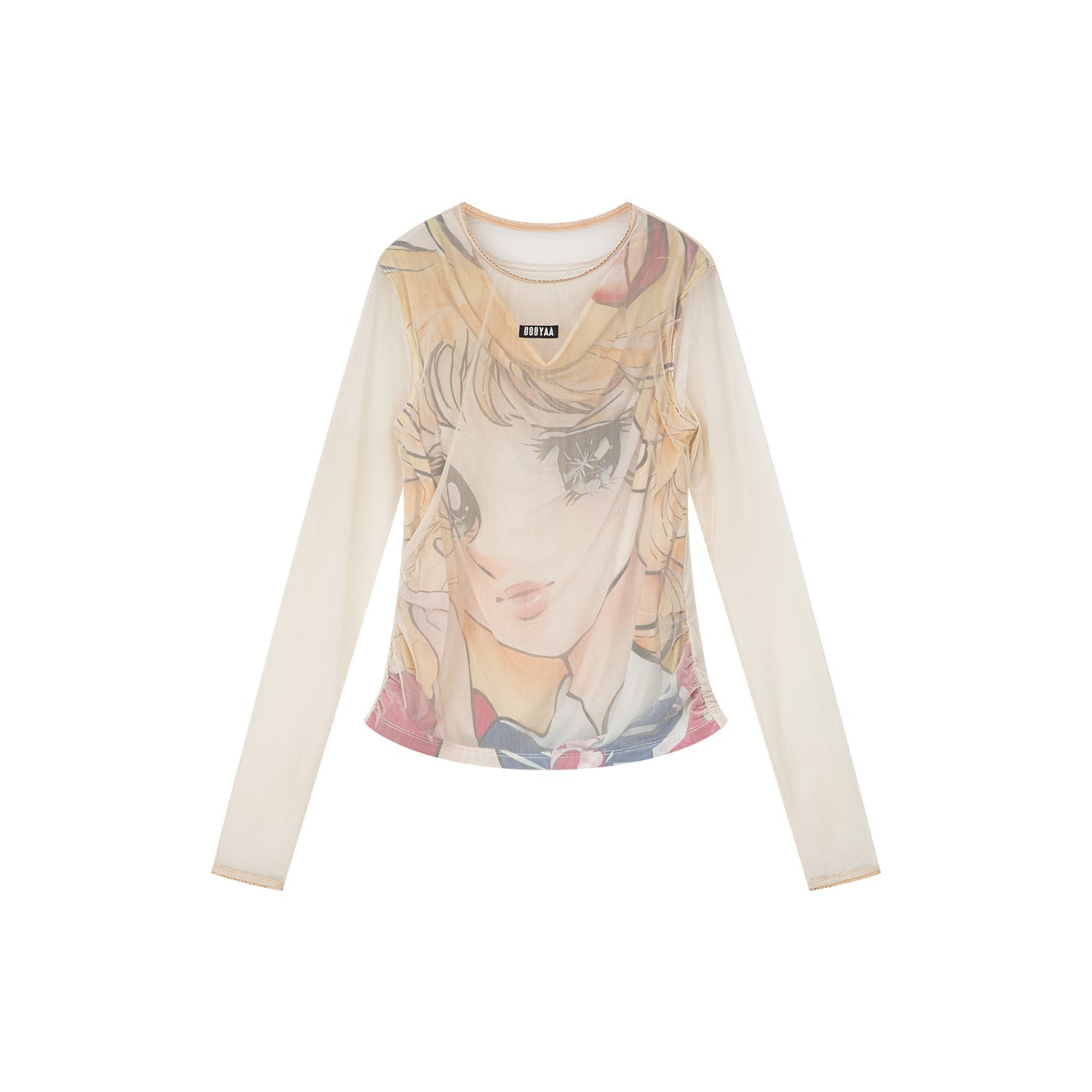 Wrinkled mesh anime layered T-shirt