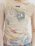 Wrinkled mesh anime layered T-shirt