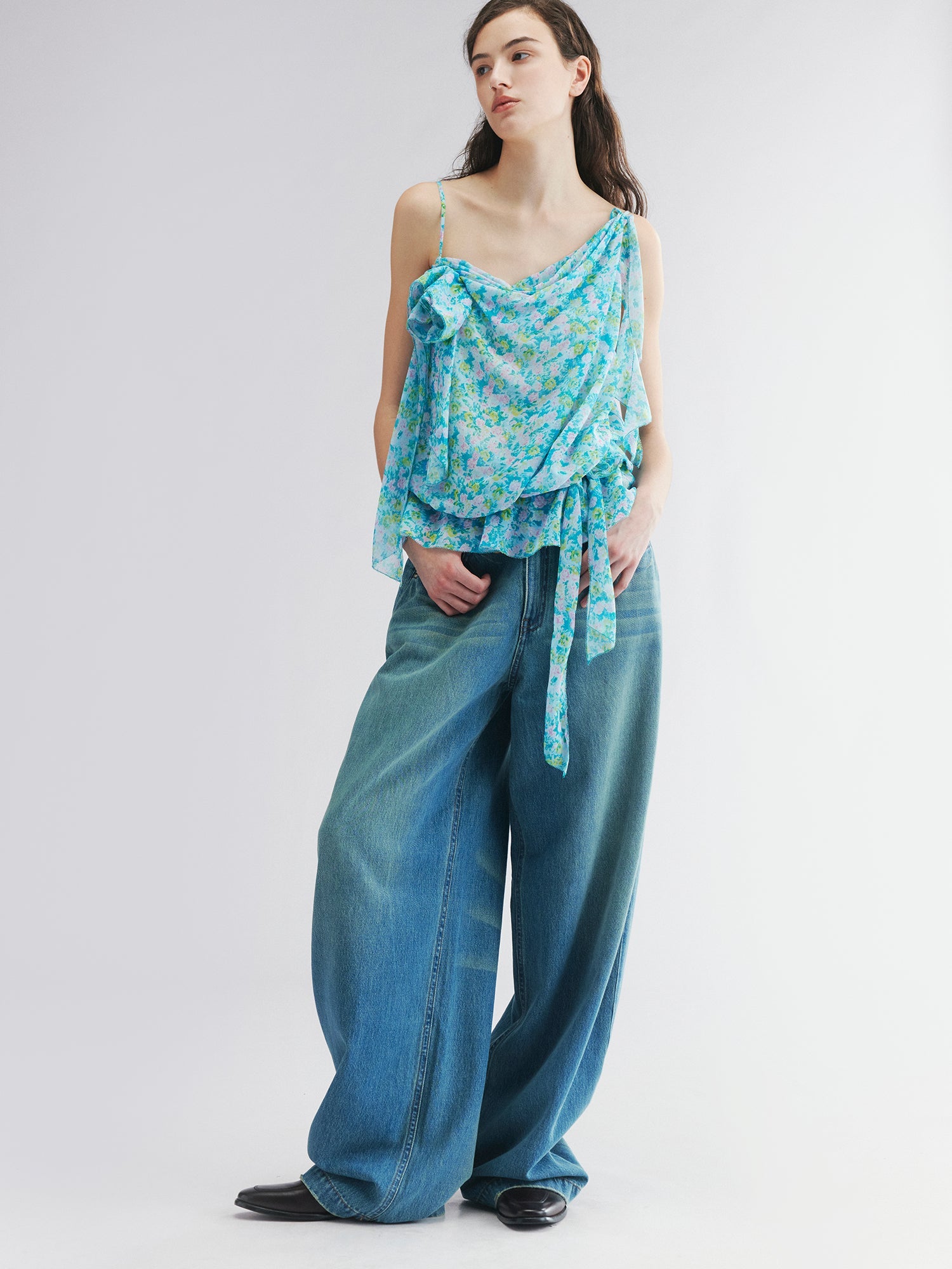 Asymmetrical floral chiffon cami