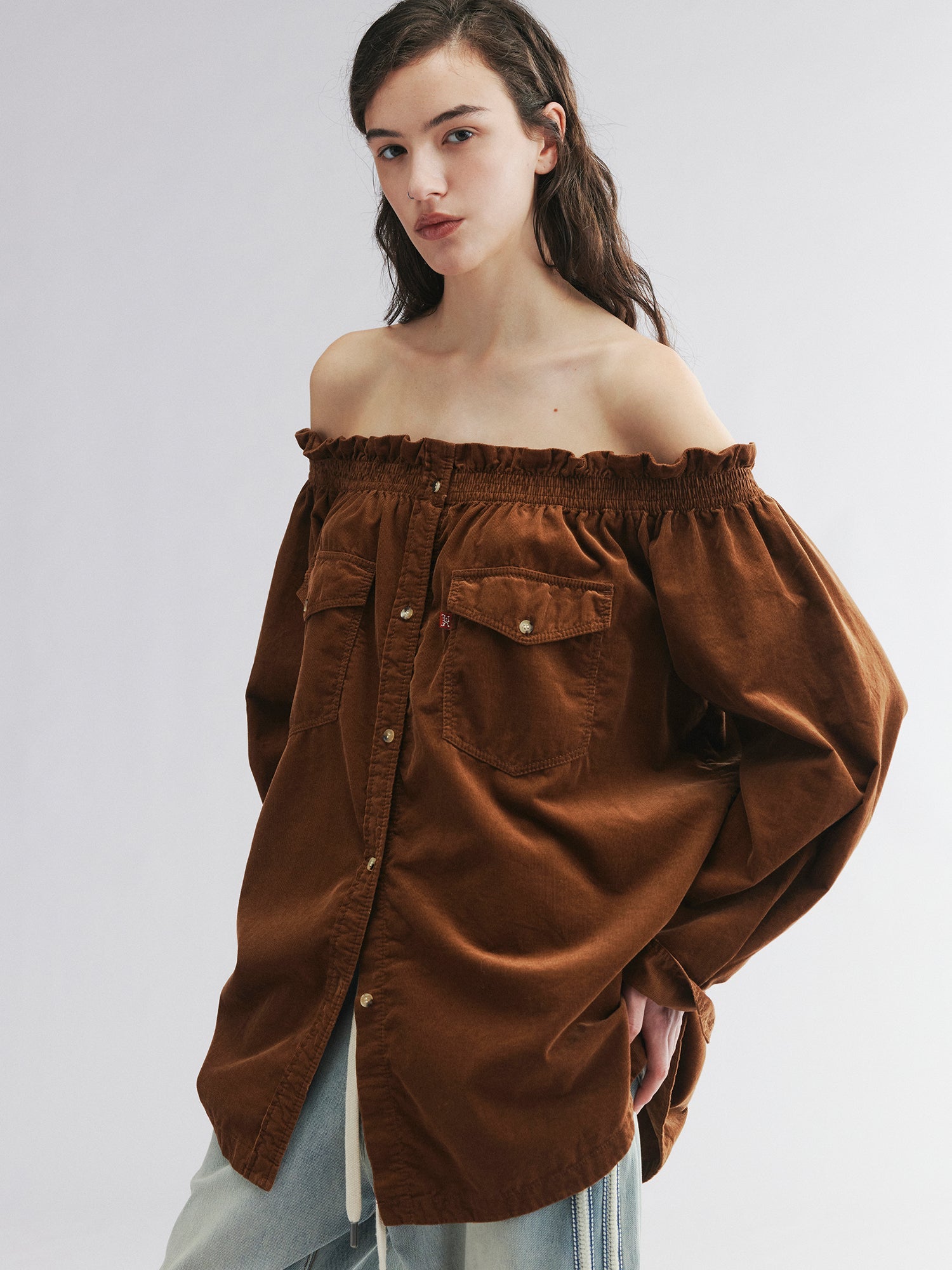 Off-shoulder utility shirt