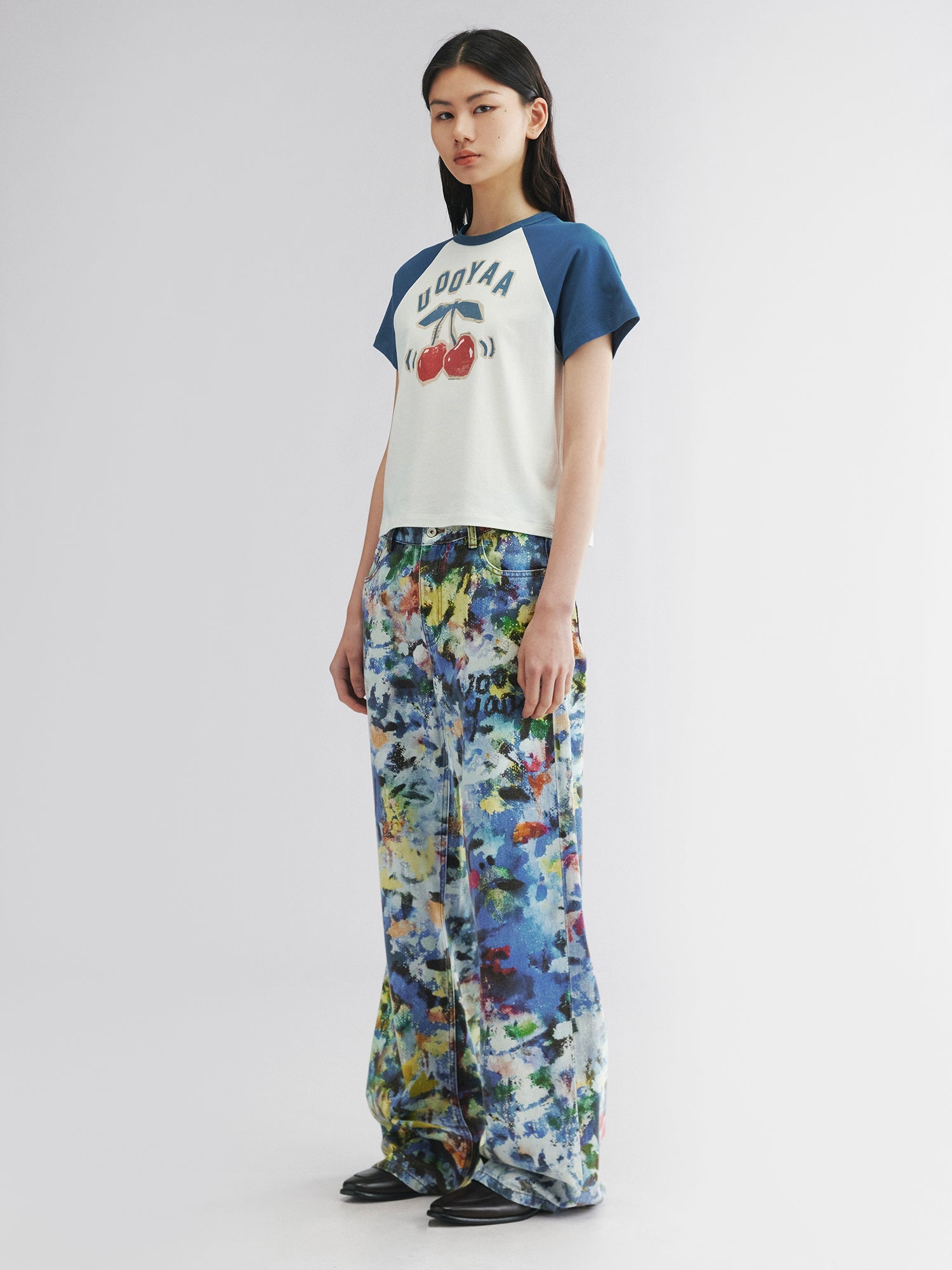 Raglan sleeve tee with dynamic cherry print