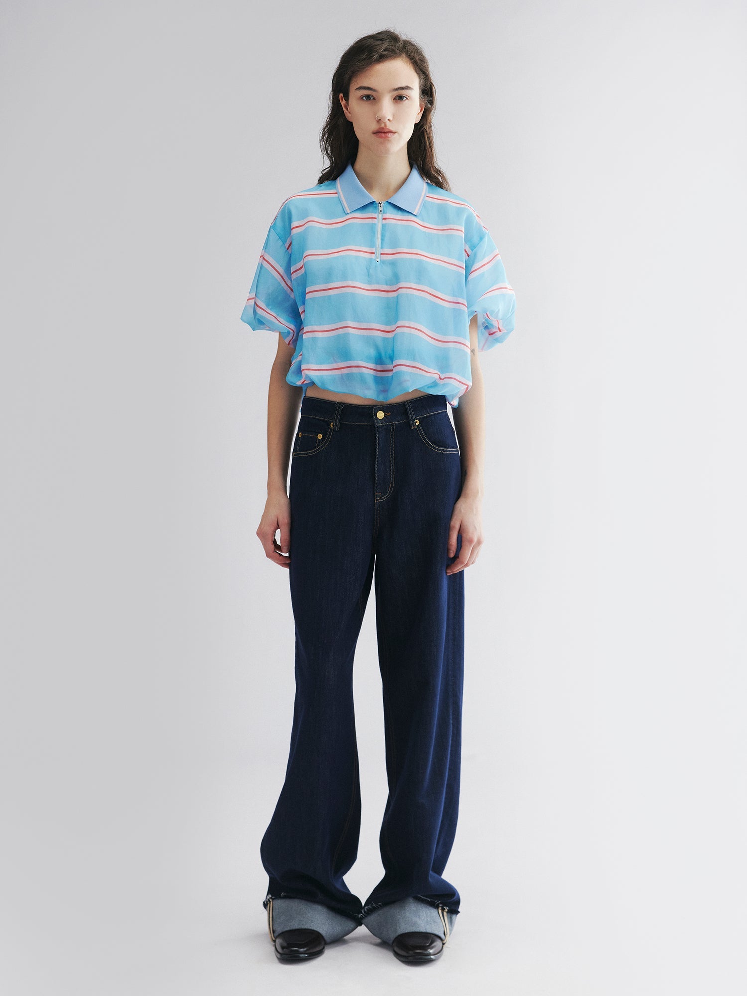 Striped polo puff-hem pullover