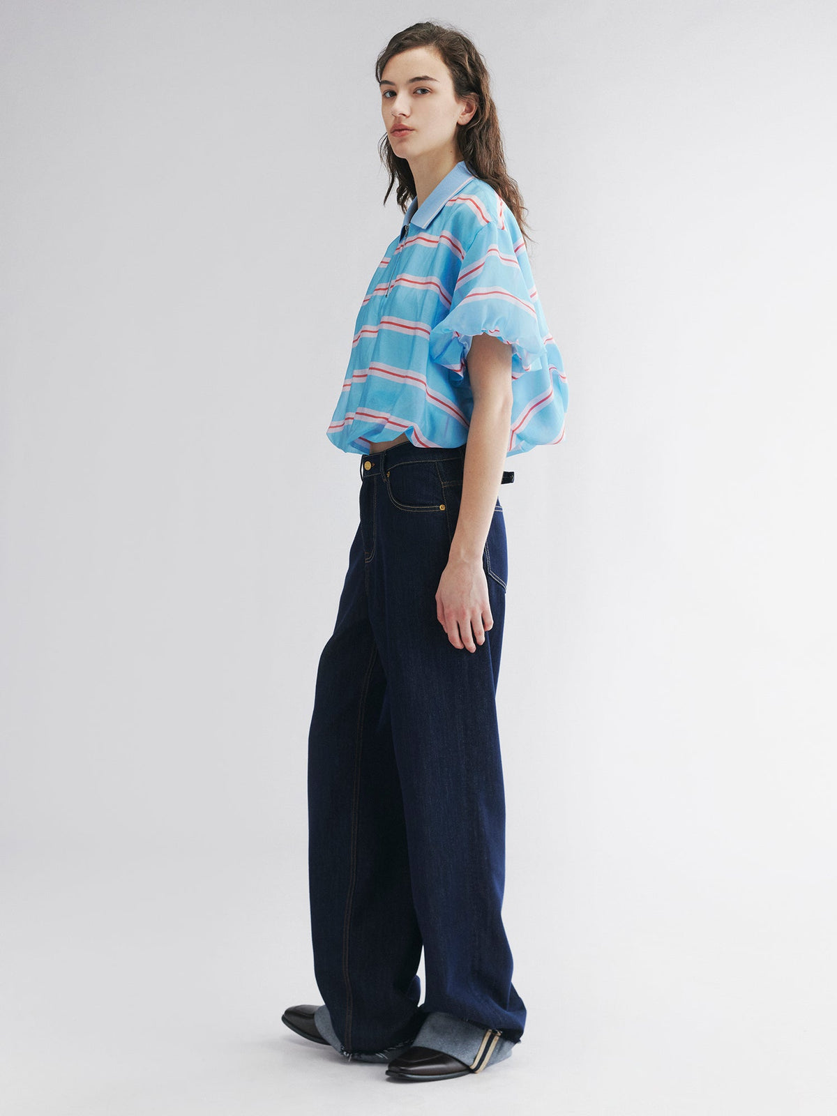 Striped polo puff-hem pullover