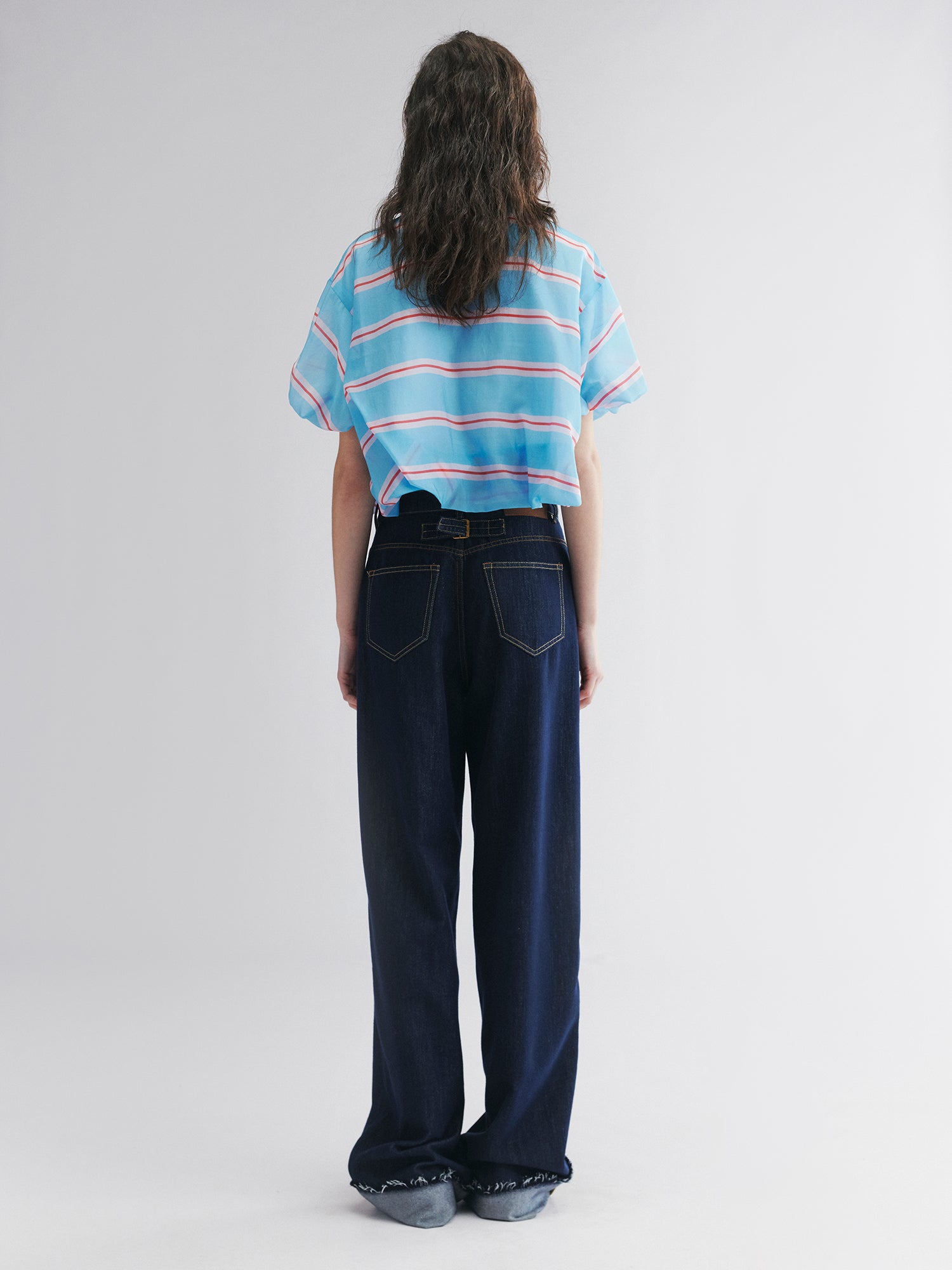 Striped polo puff-hem pullover