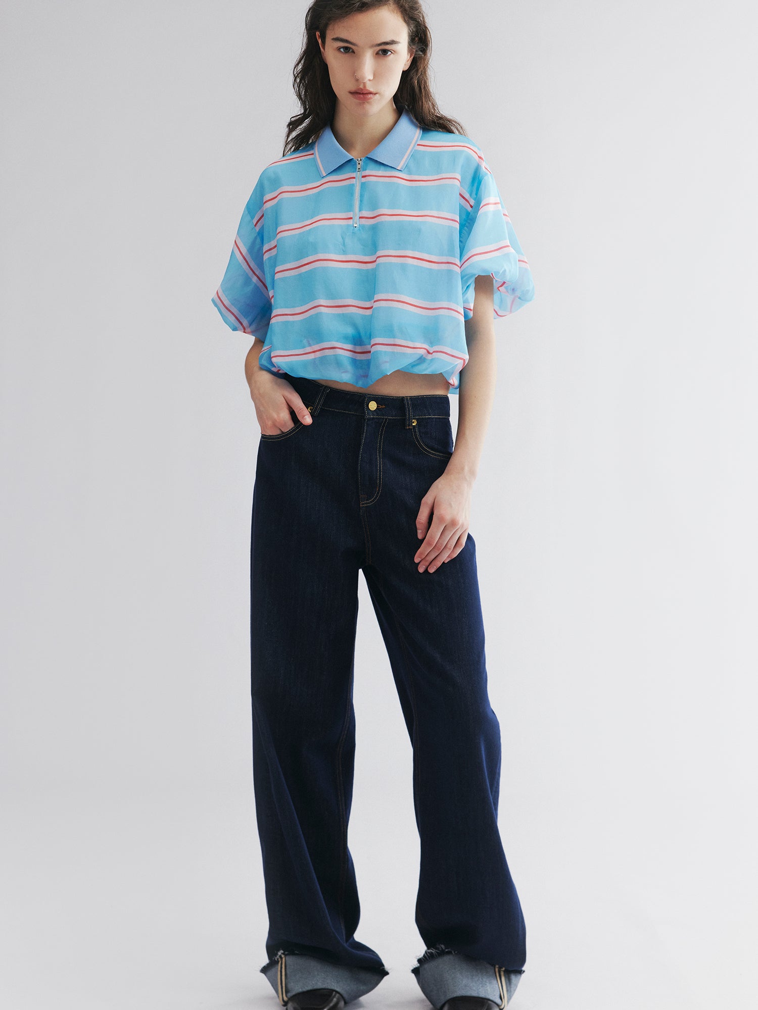 Striped polo puff-hem pullover