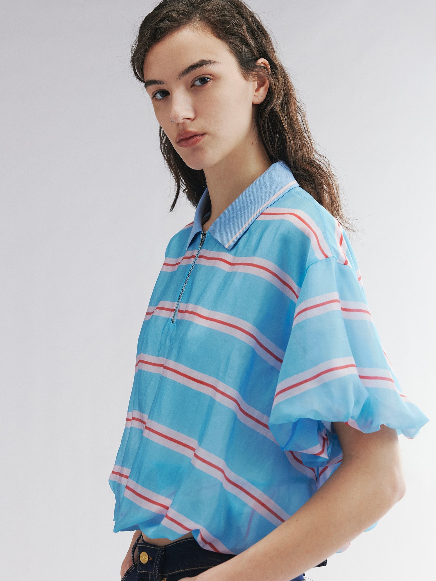 Striped polo puff-hem pullover