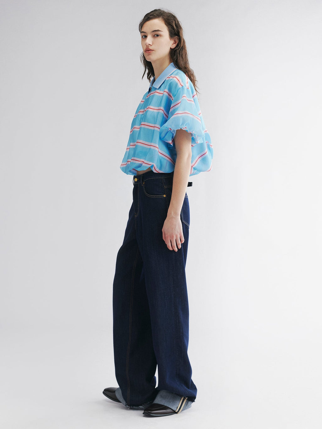 Metallic-threaded denim