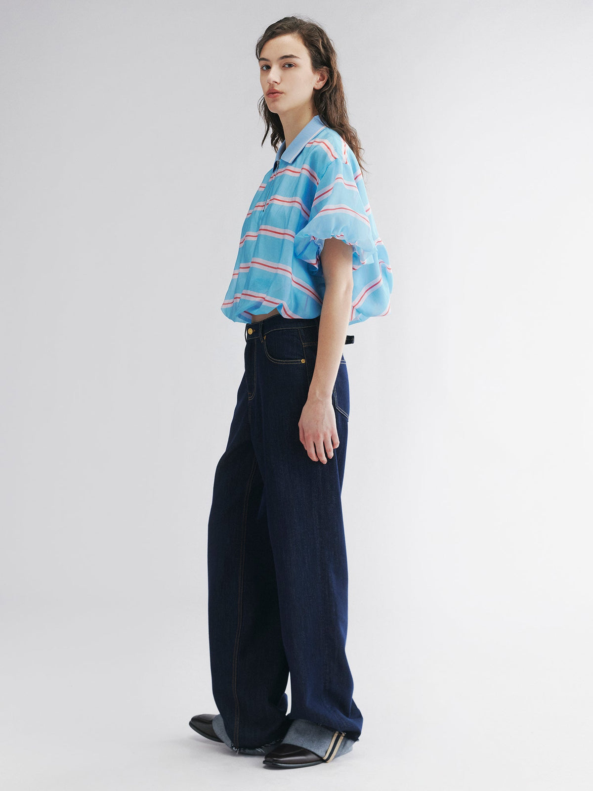 Metallic-threaded denim