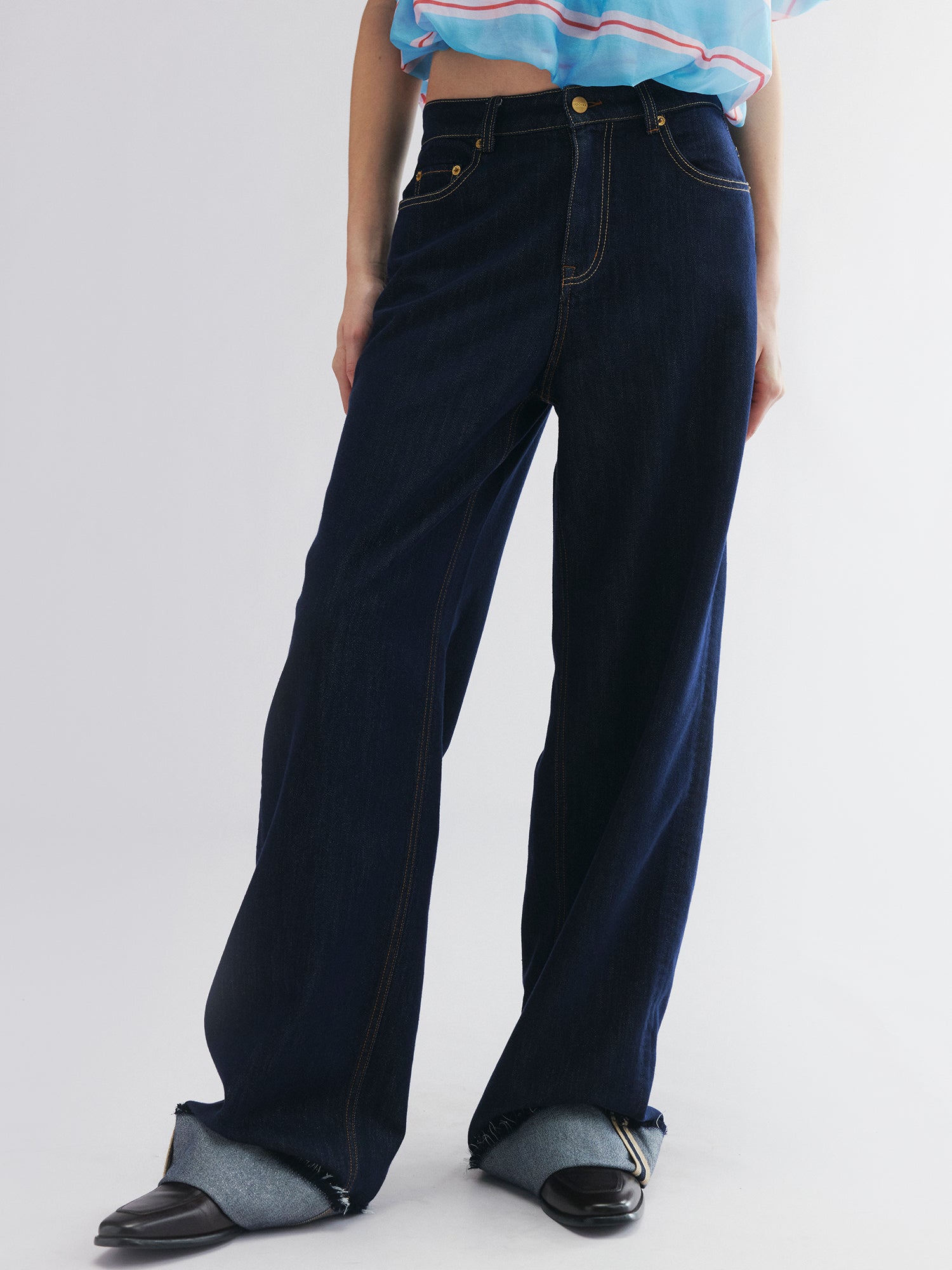 Metallic-threaded denim