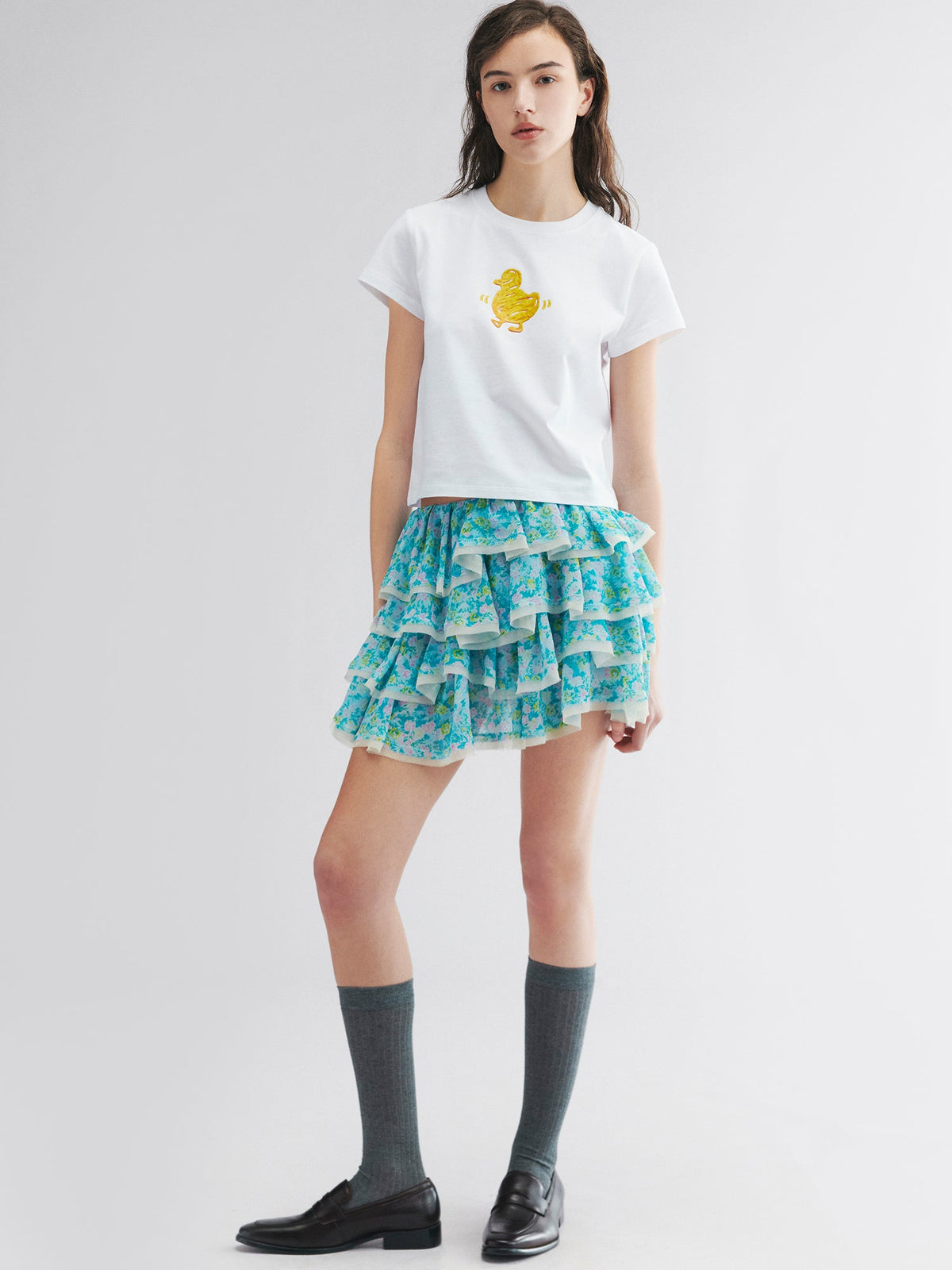 Watercolor floral tiered skirt