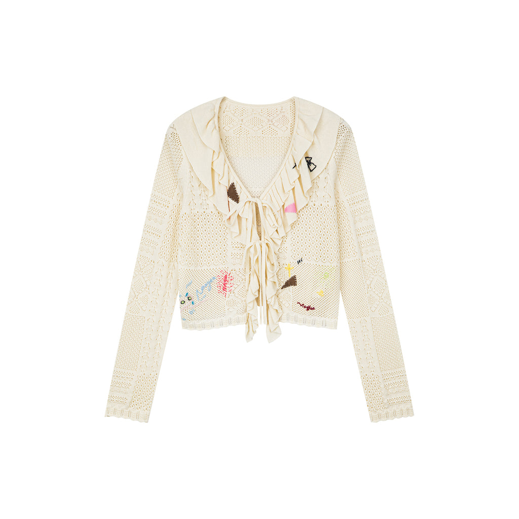 Handcrafted patch cardigan with ruffled edges