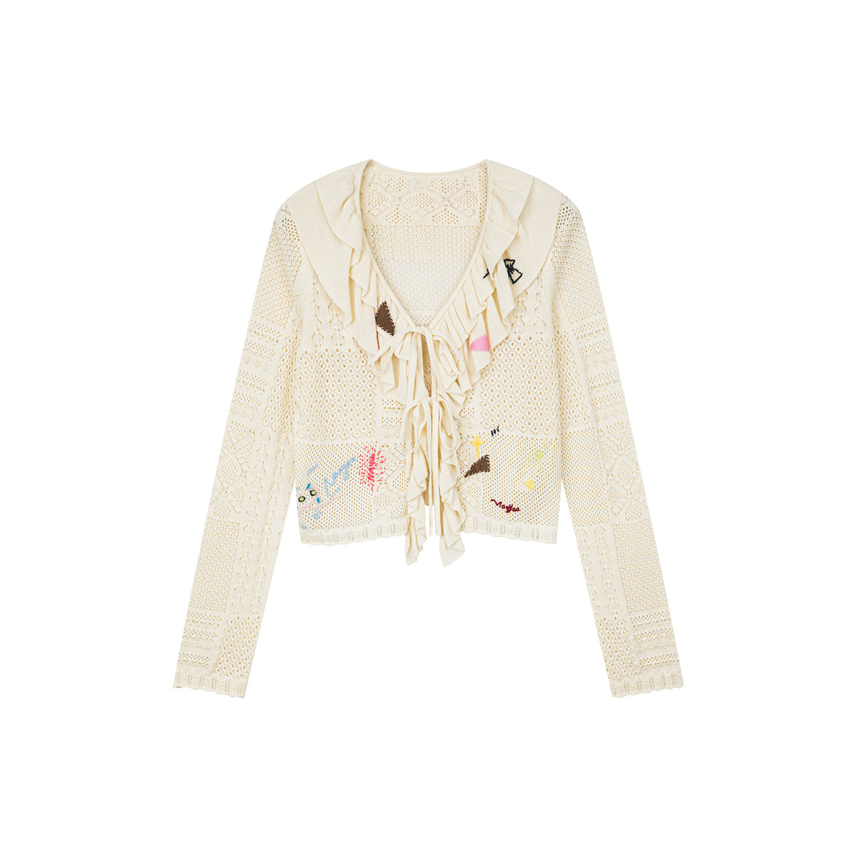 Handcrafted patch cardigan with ruffled edges