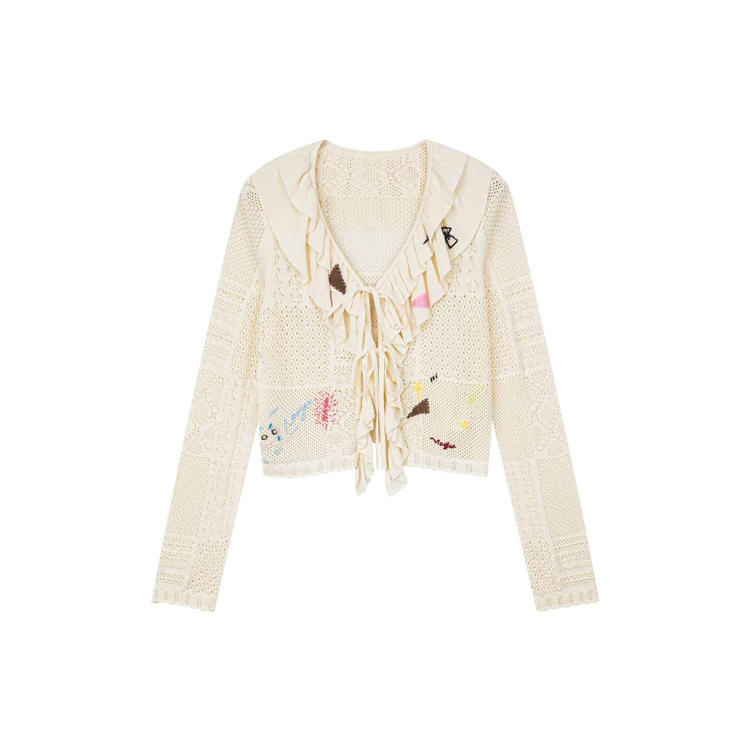 Handcrafted patch cardigan with ruffled edges