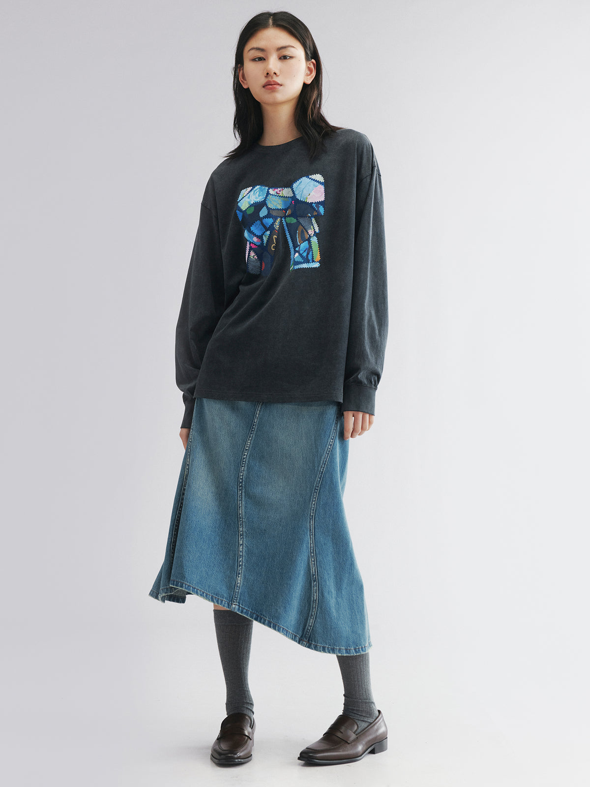 Patchwork bow long sleeve tee