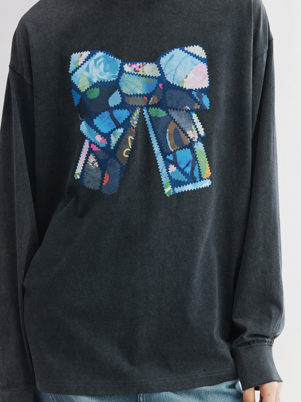 Patchwork bow long sleeve tee