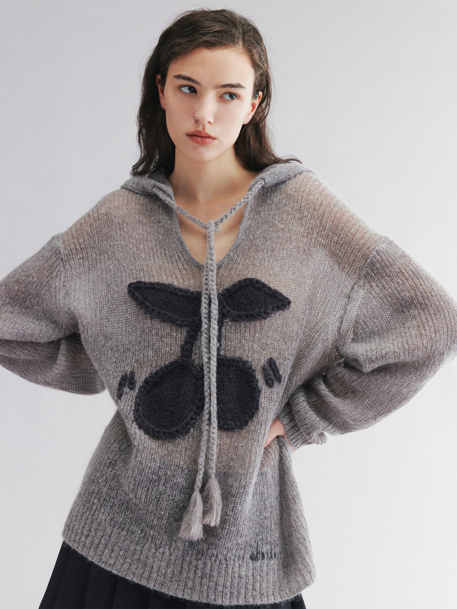 Hooded pullover knit with cherry print