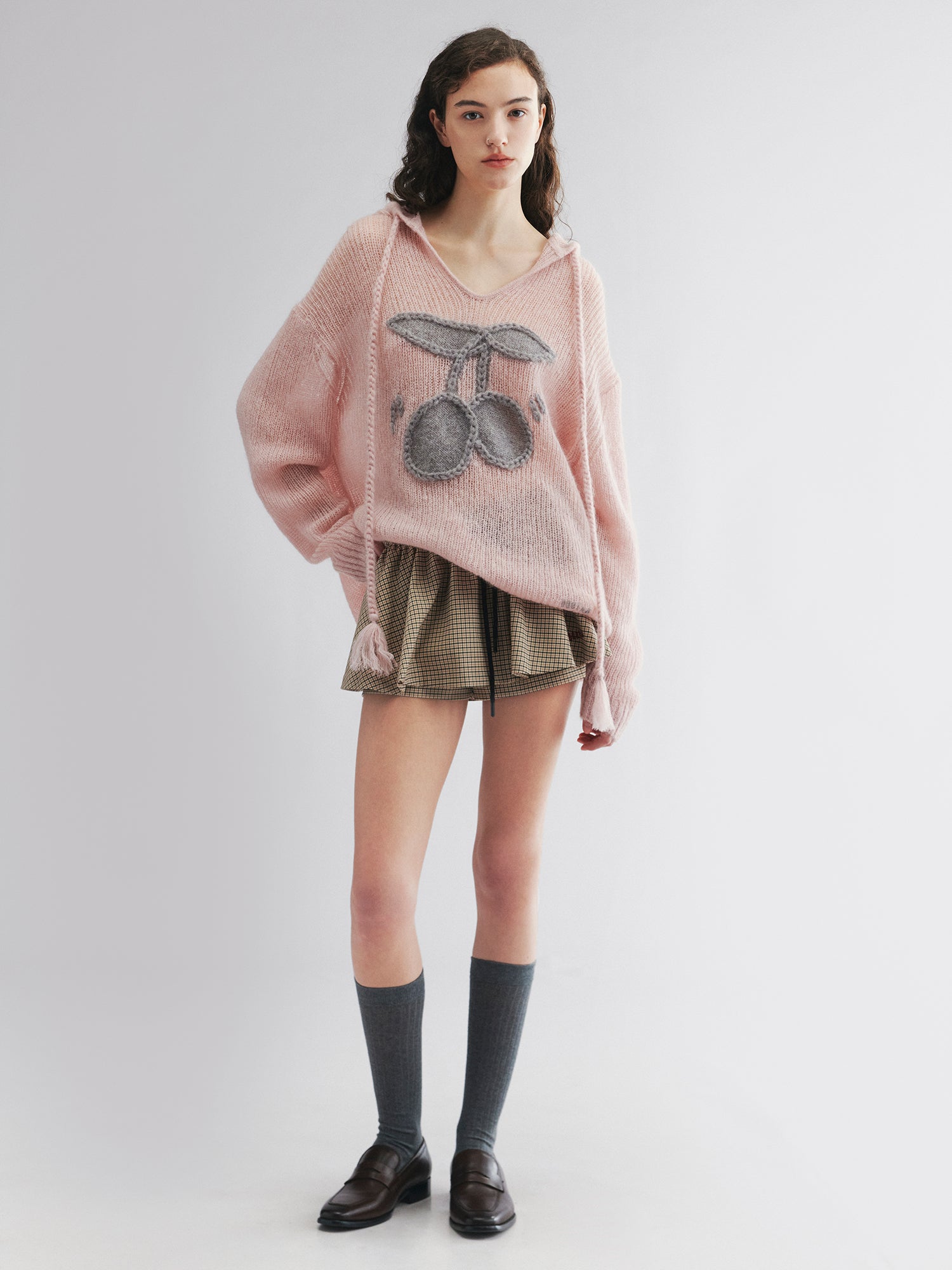 Hooded pullover knit with cherry print