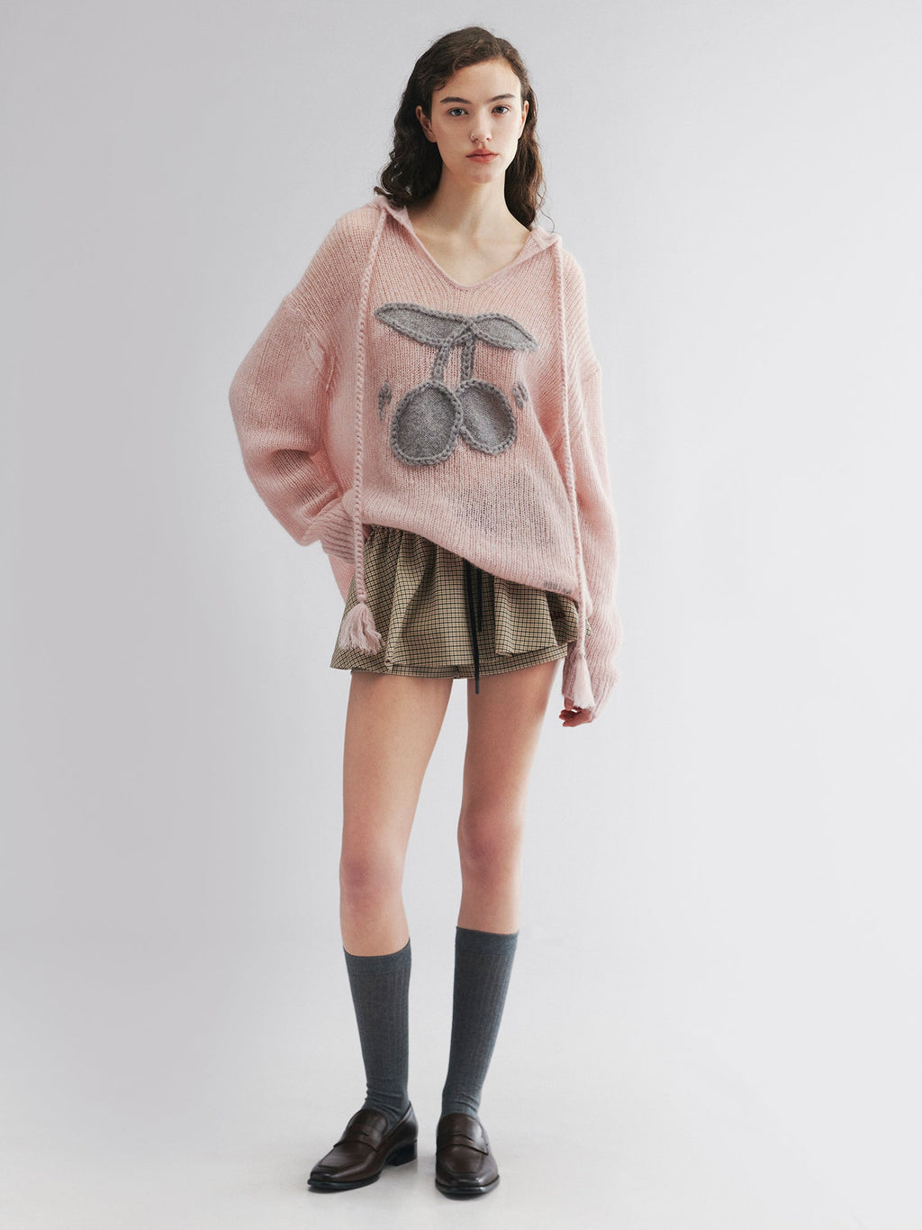 Hooded pullover knit with cherry print