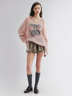 Hooded pullover knit with cherry print