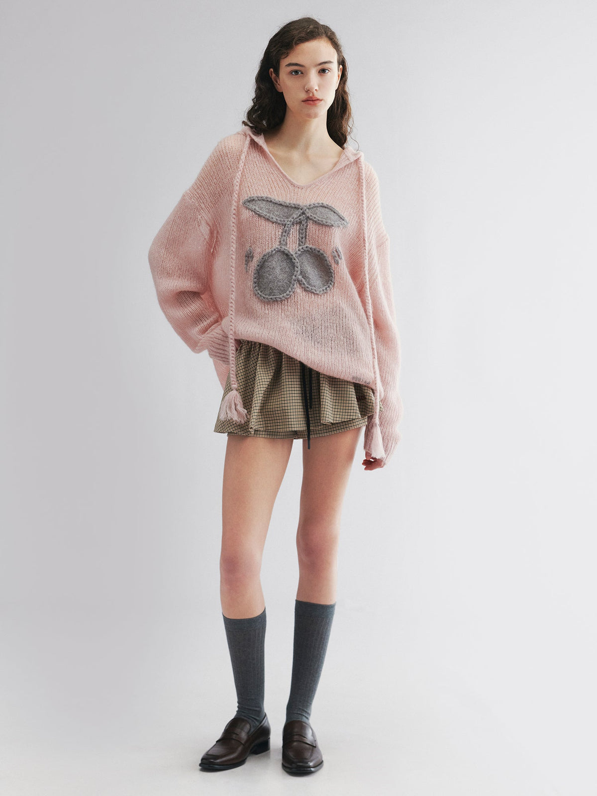 Hooded pullover knit with cherry print