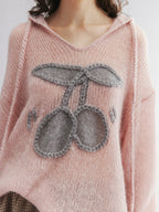 Hooded pullover knit with cherry print