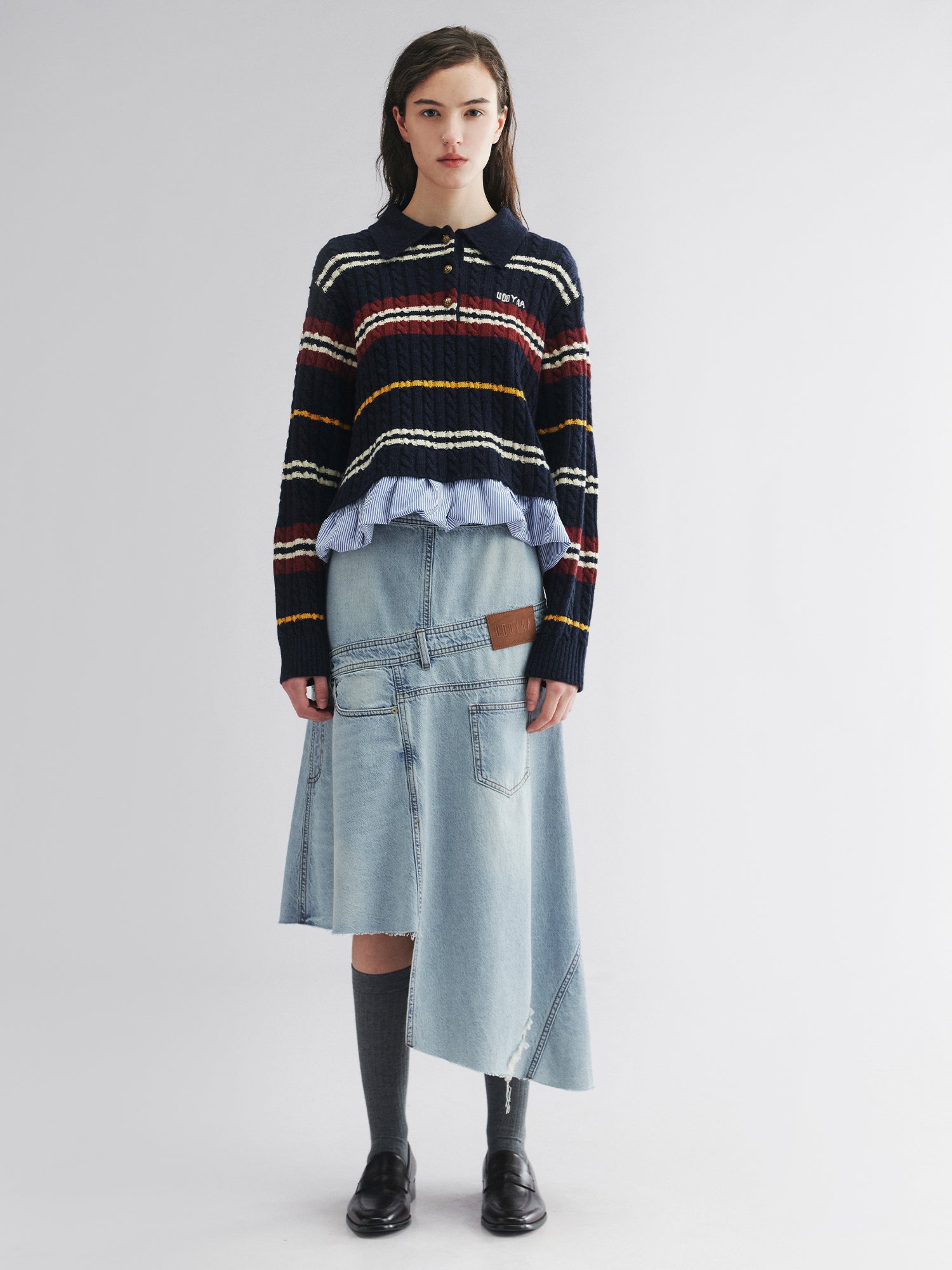 Pullover knit with layered polo and shirt collar design