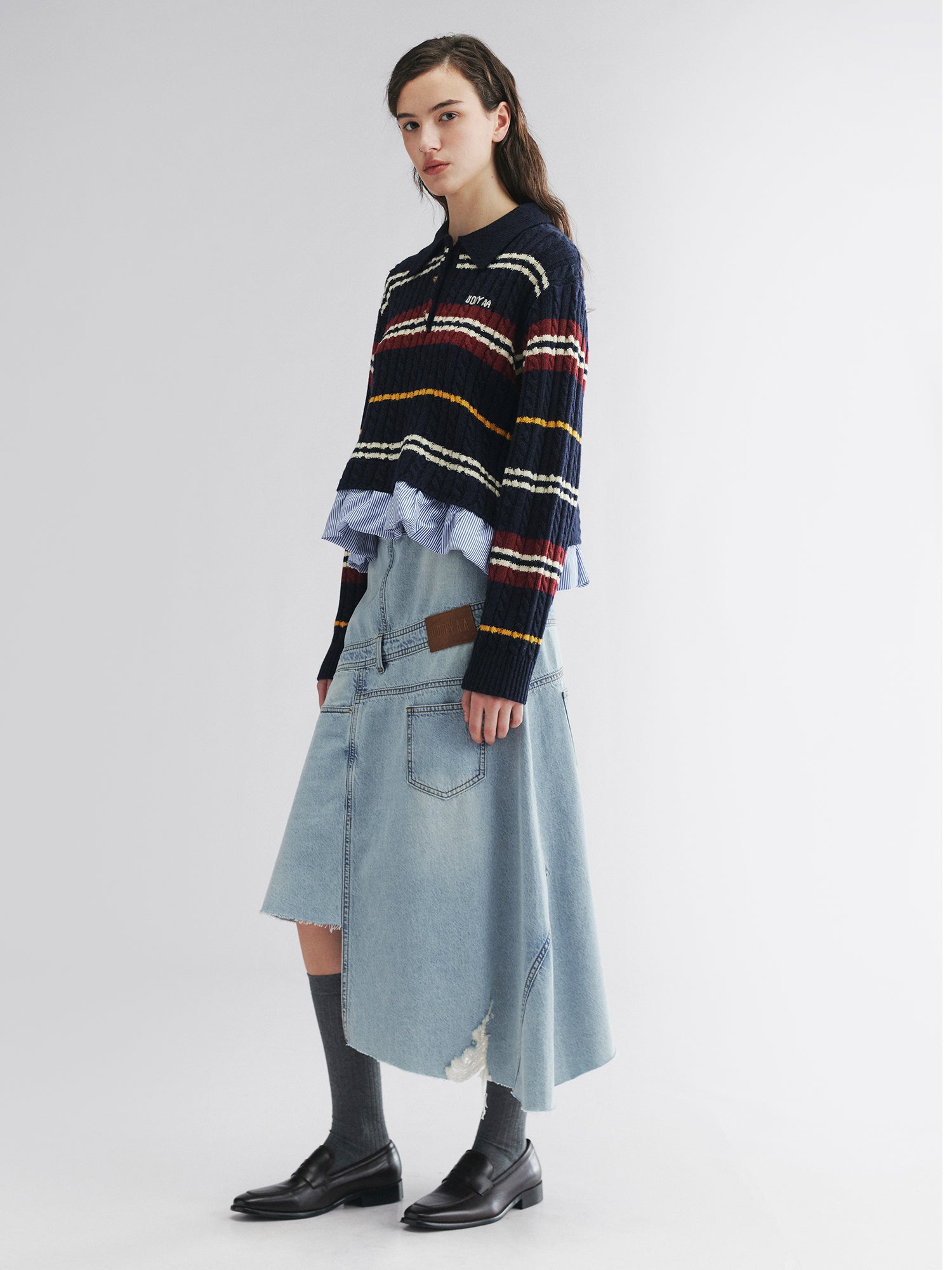 Pullover knit with layered polo and shirt collar design