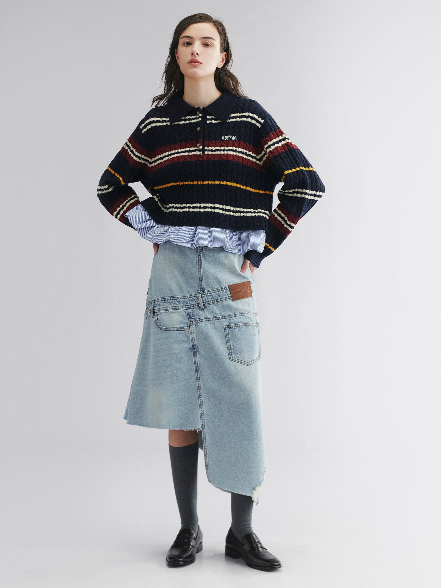 Pullover knit with layered polo and shirt collar design