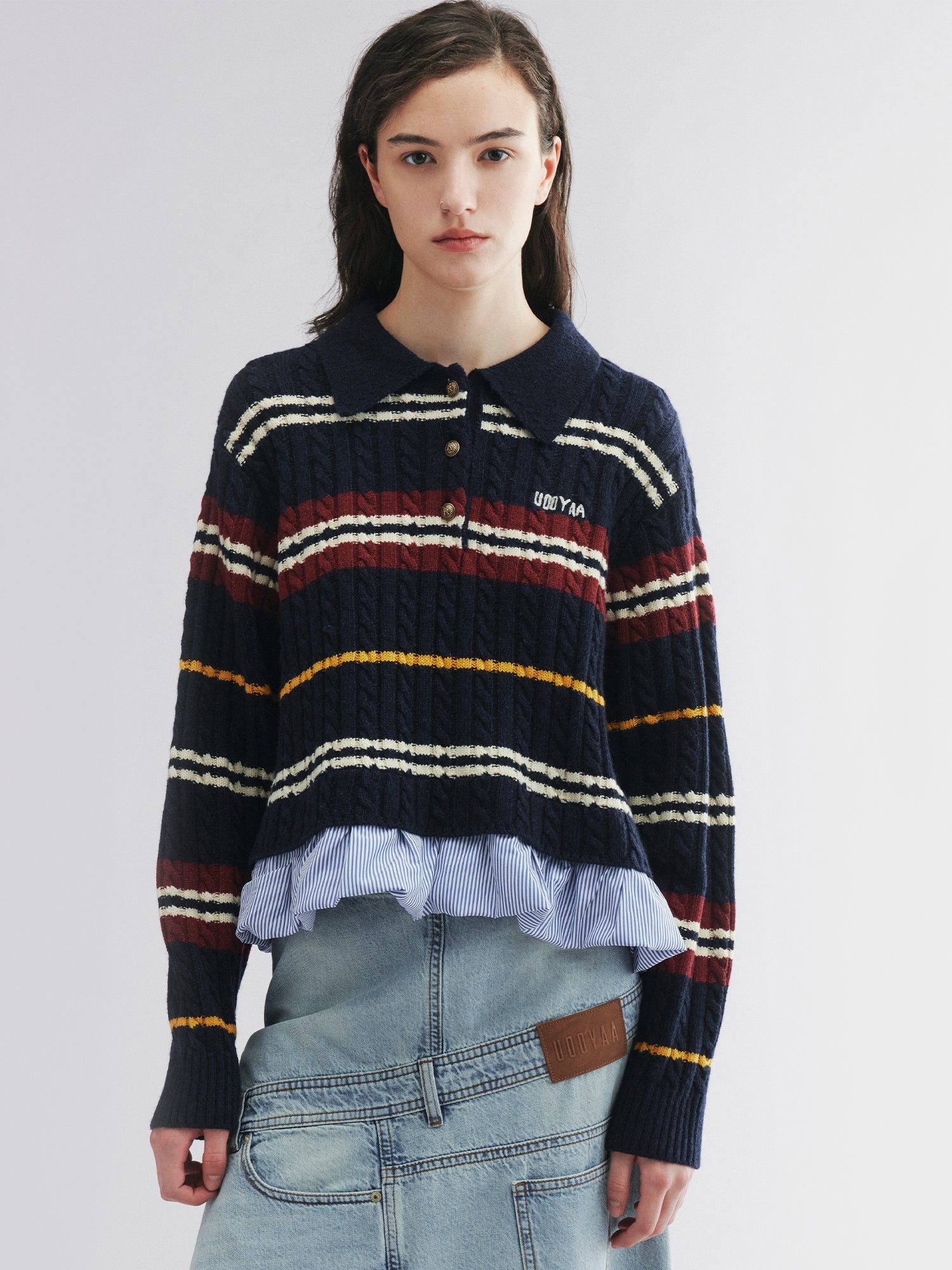 Pullover knit with layered polo and shirt collar design