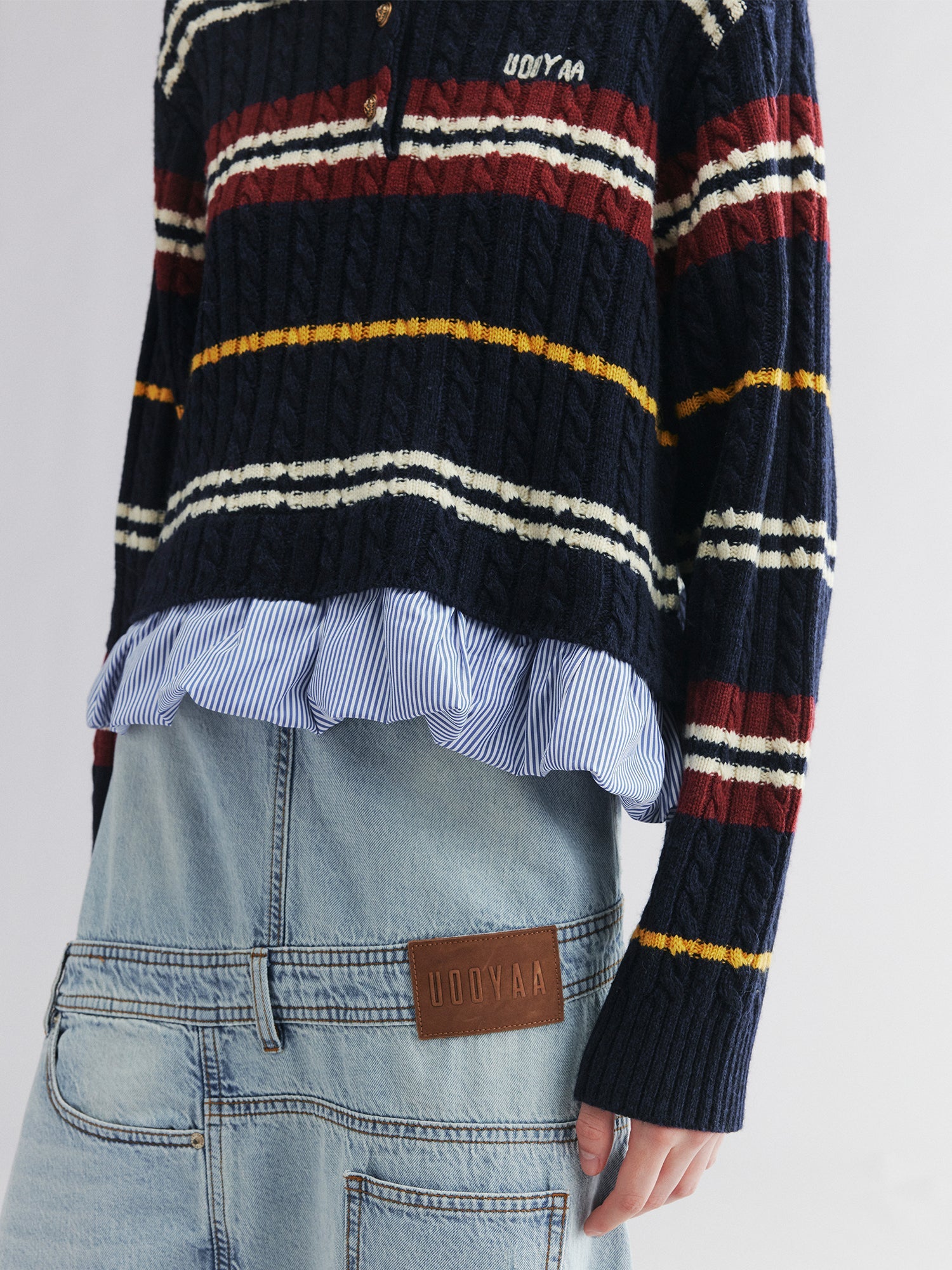 Pullover knit with layered polo and shirt collar design