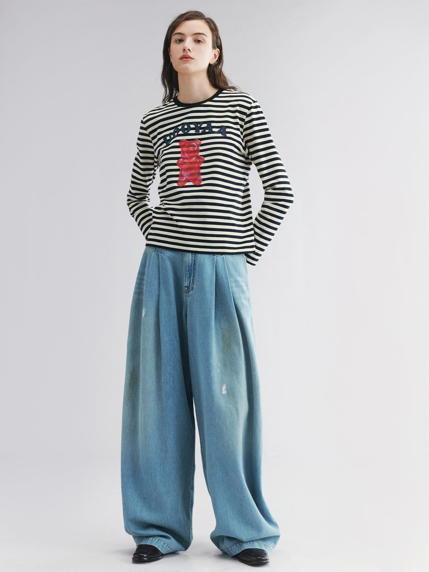 Striped long sleeve tee with gummy bear motif