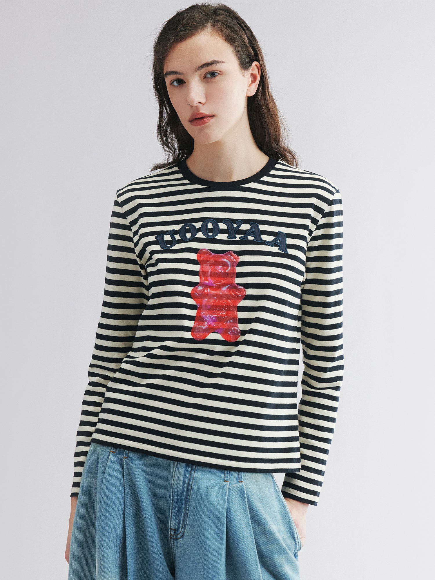 Striped long sleeve tee with gummy bear motif
