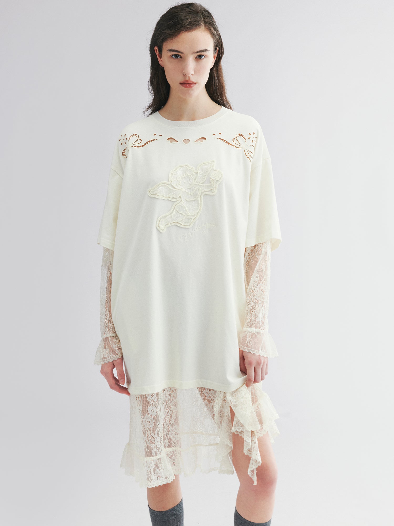 Layered tee dress with love and angel print