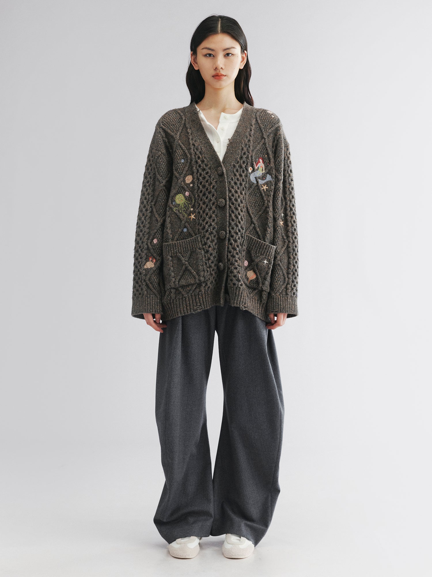 Cable knit collar cardigan