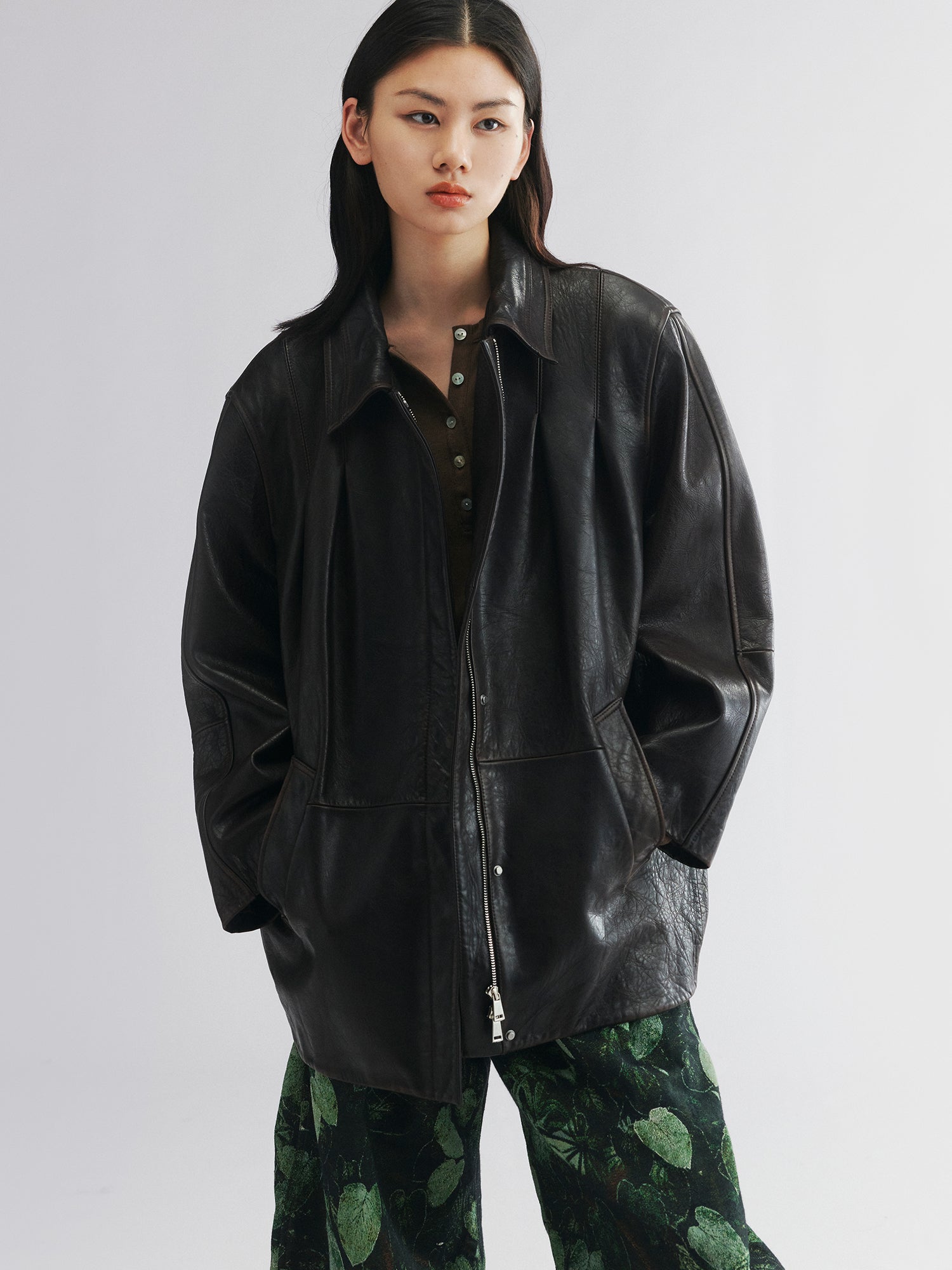 Vintage-inspired cocoon leather coat