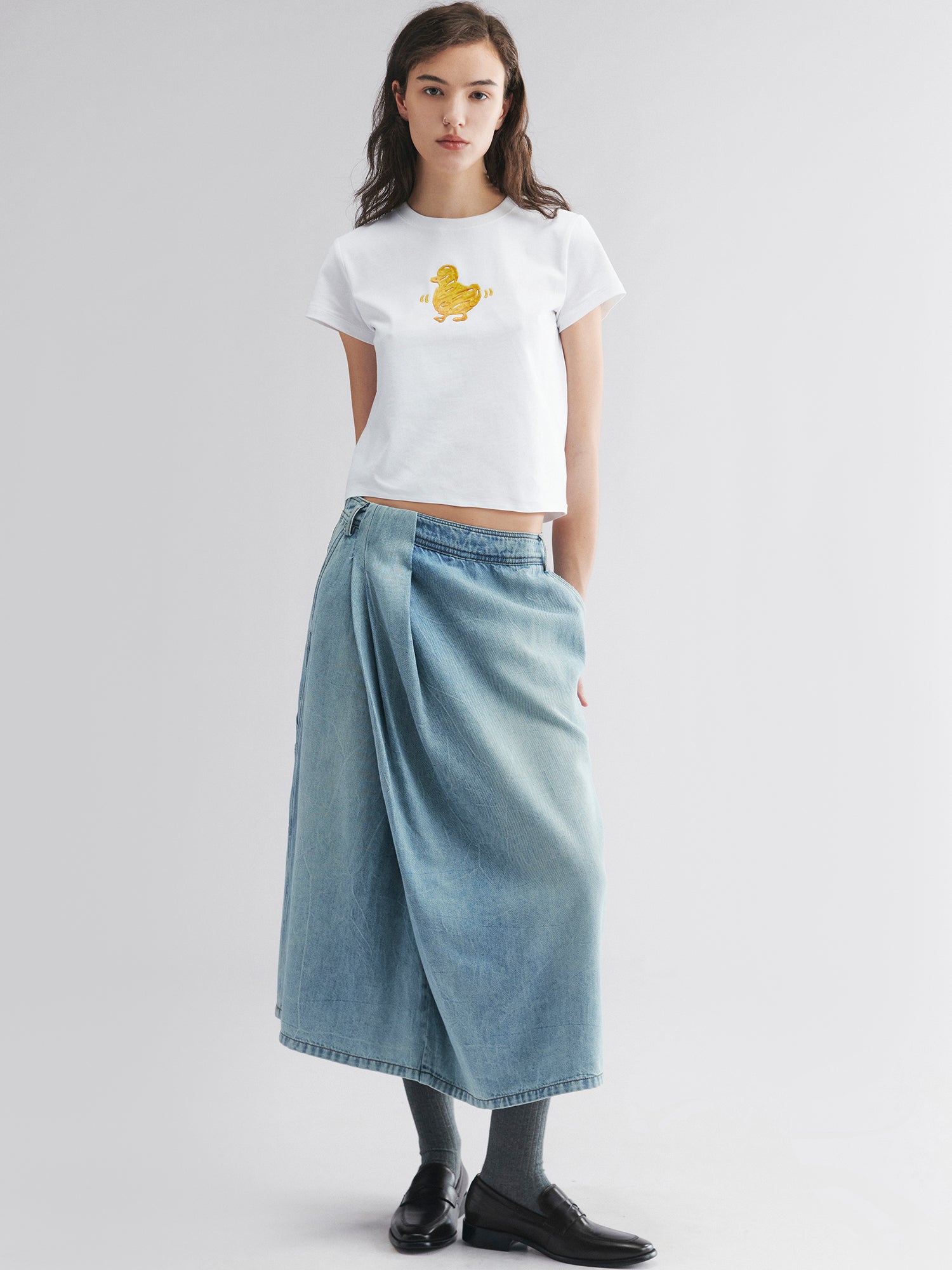 Wrap-effect denim skirt