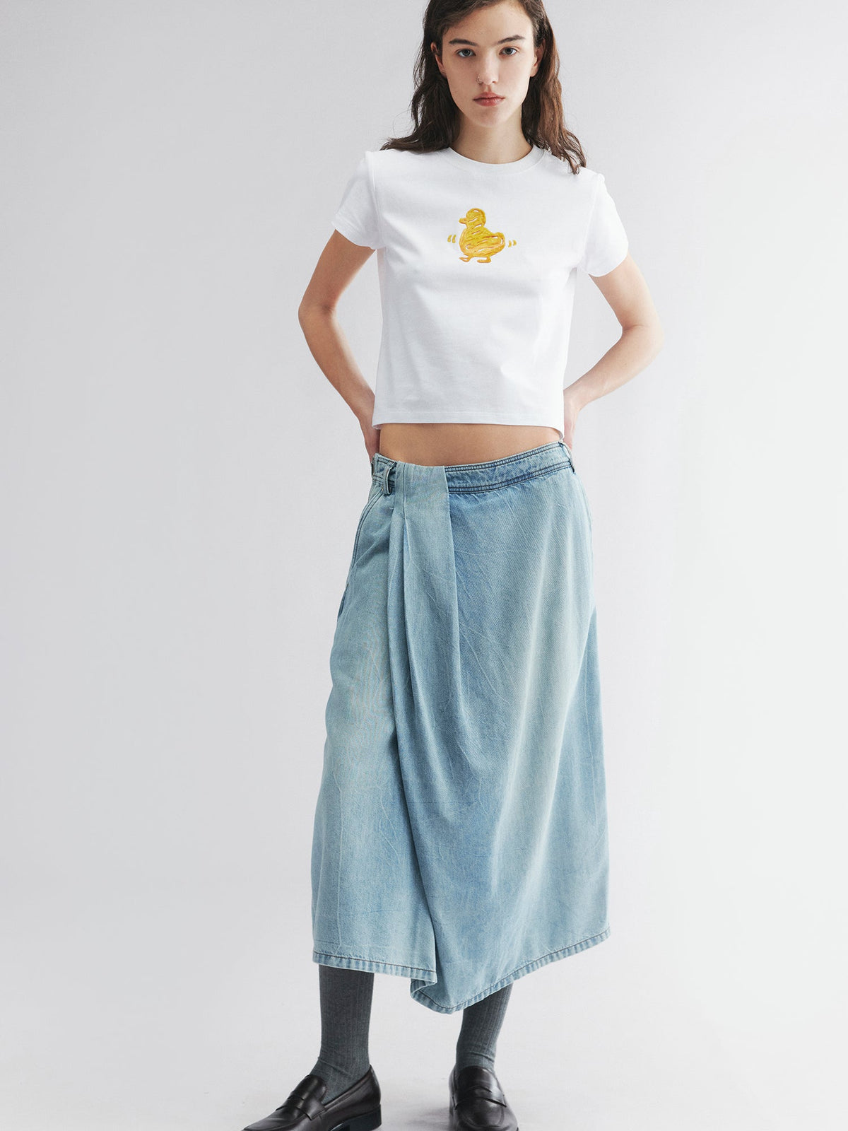 Wrap-effect denim skirt