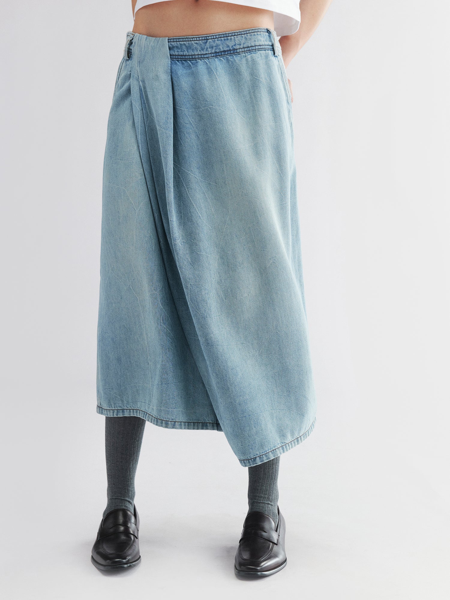 Wrap-effect denim skirt