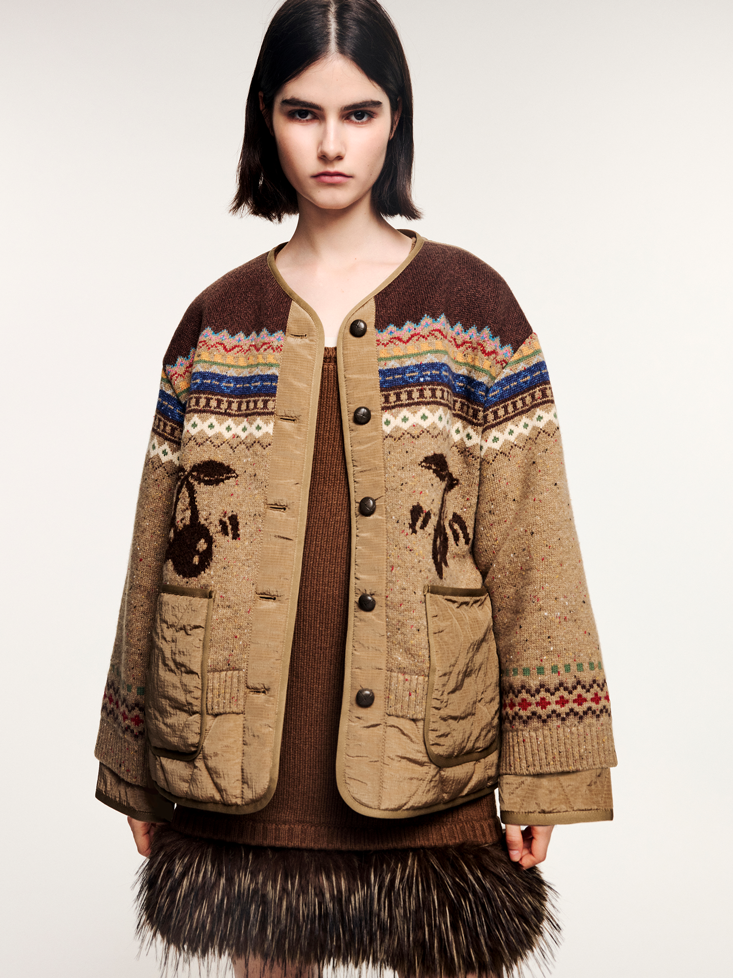Cherry motif fair isle reversible jacket