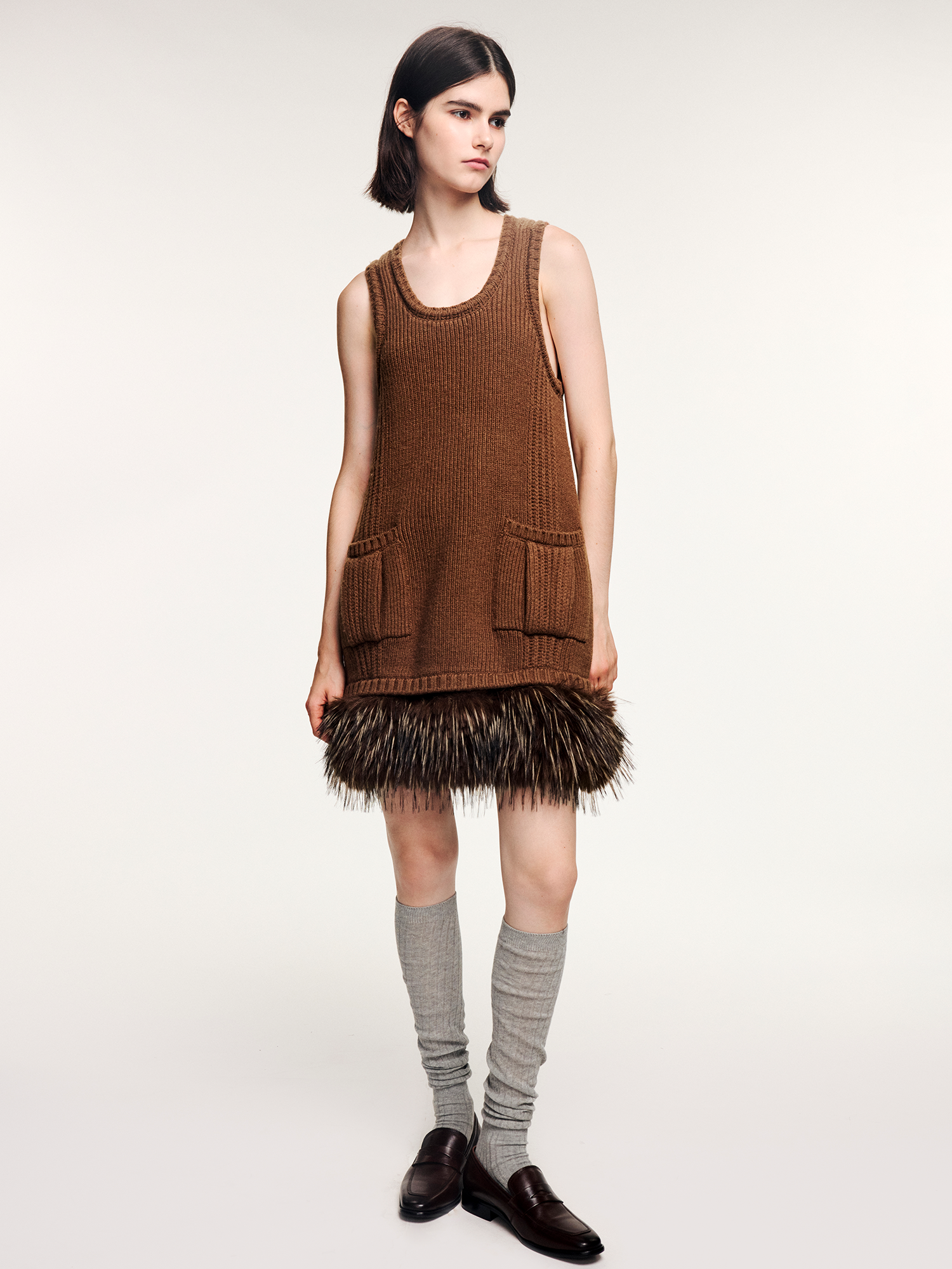 Fur hem knit dress