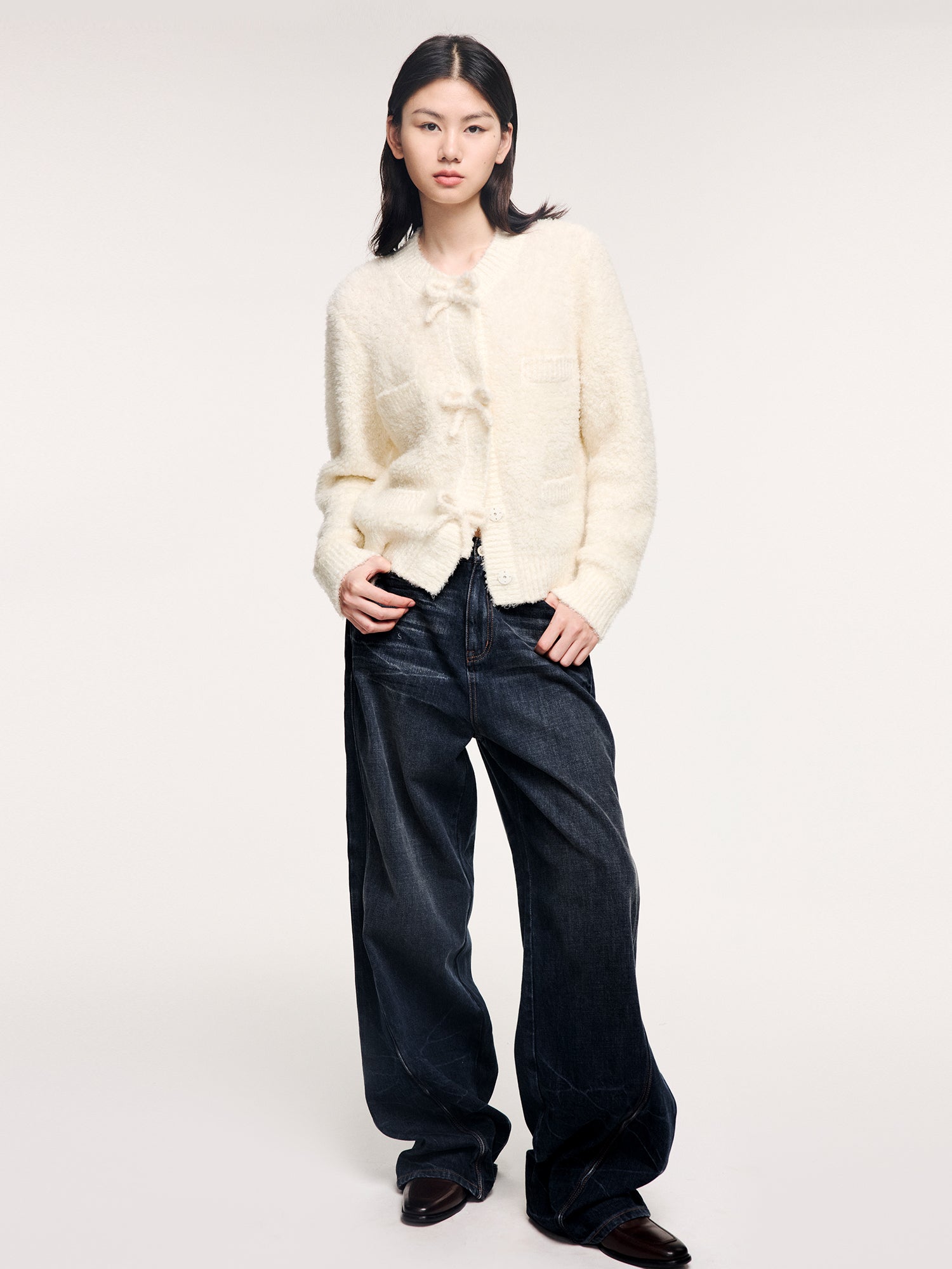 Bow detail knit cardigan in classic French style