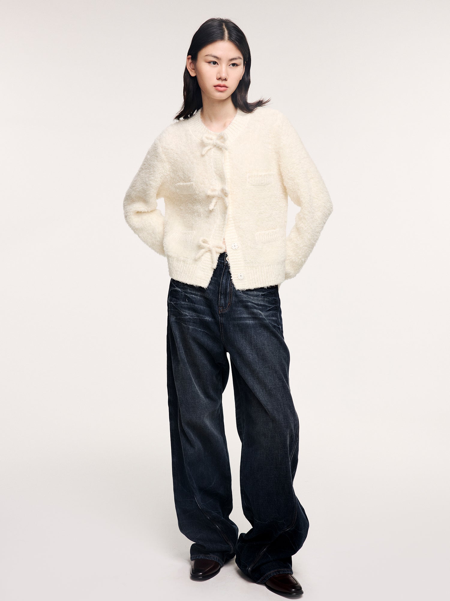 Bow detail knit cardigan in classic French style