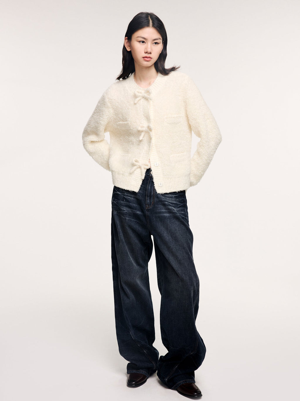 Bow detail knit cardigan in classic French style