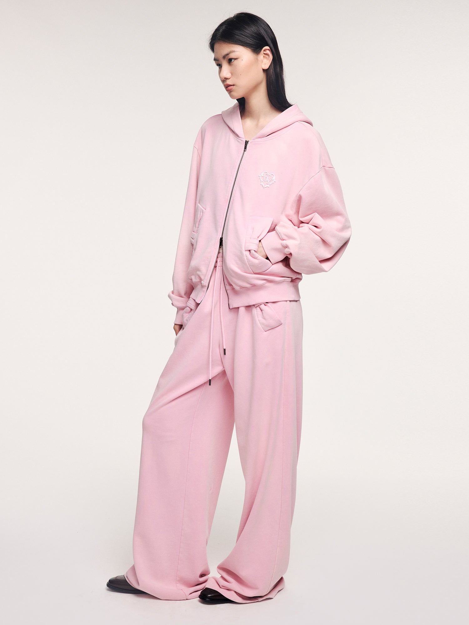 Washed hoodie jacket with knit bow detail