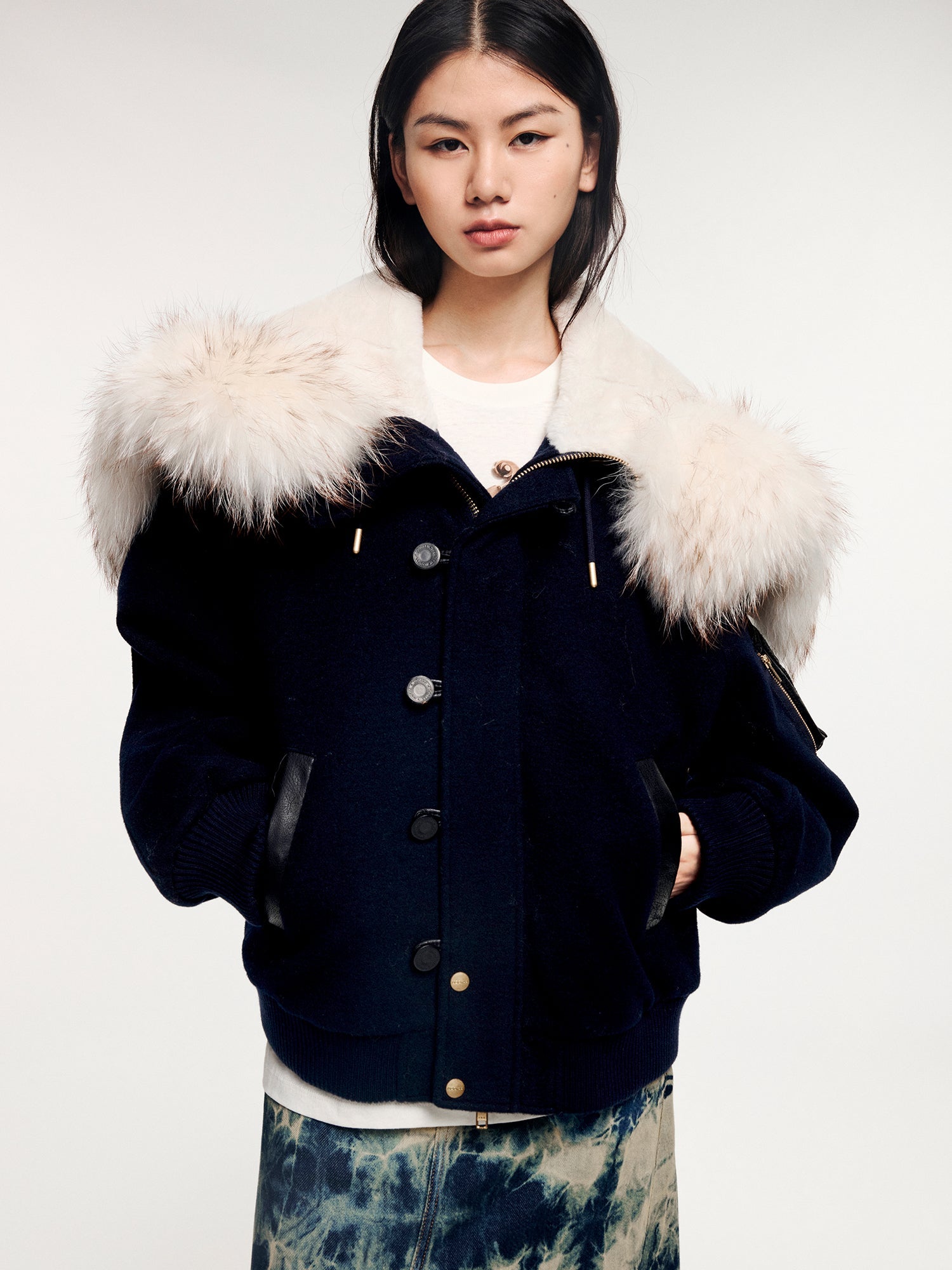 Fur-trim n2b bomber wool-cotton jacket
