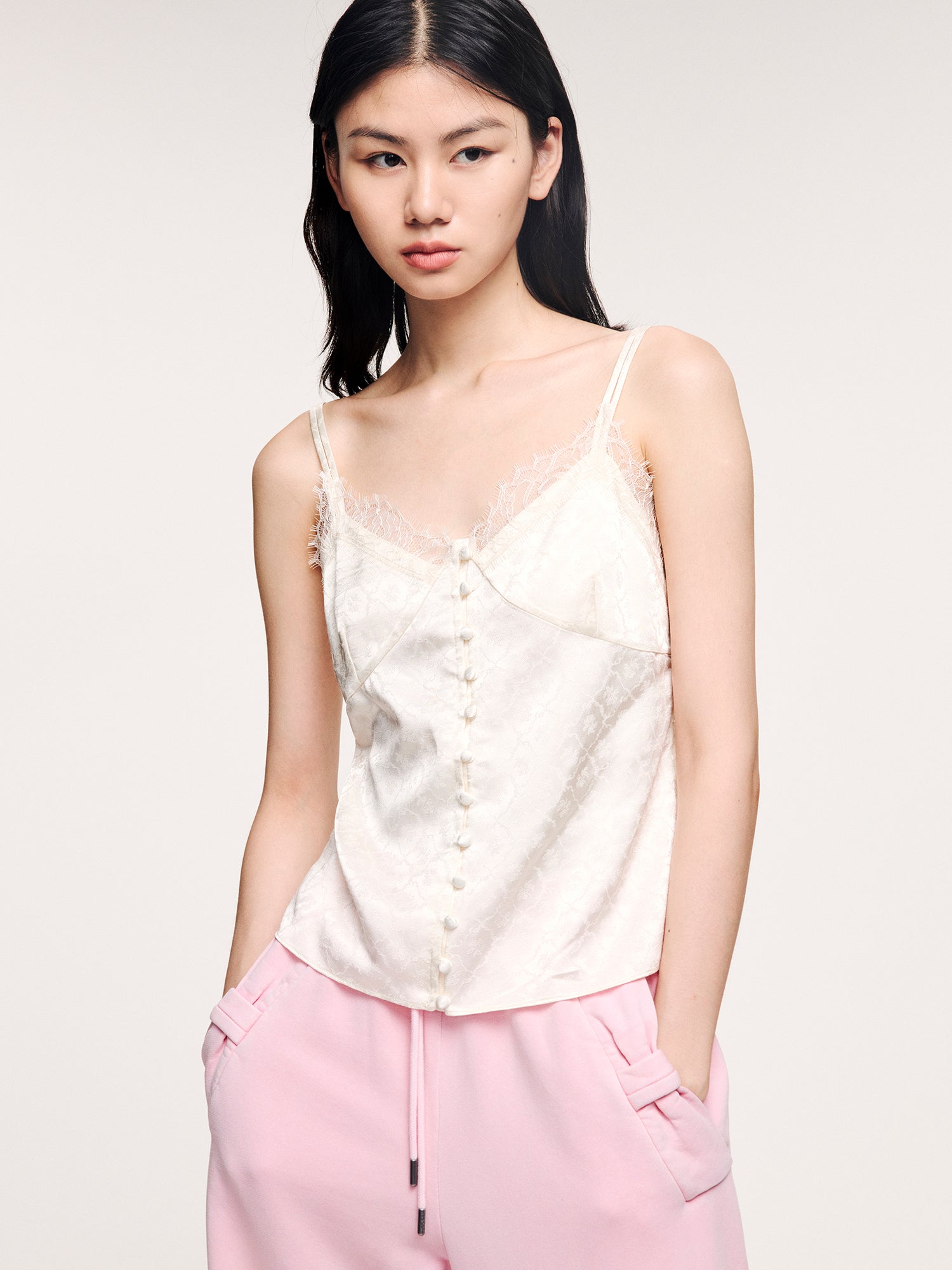 Lace-panel jacquard camisole