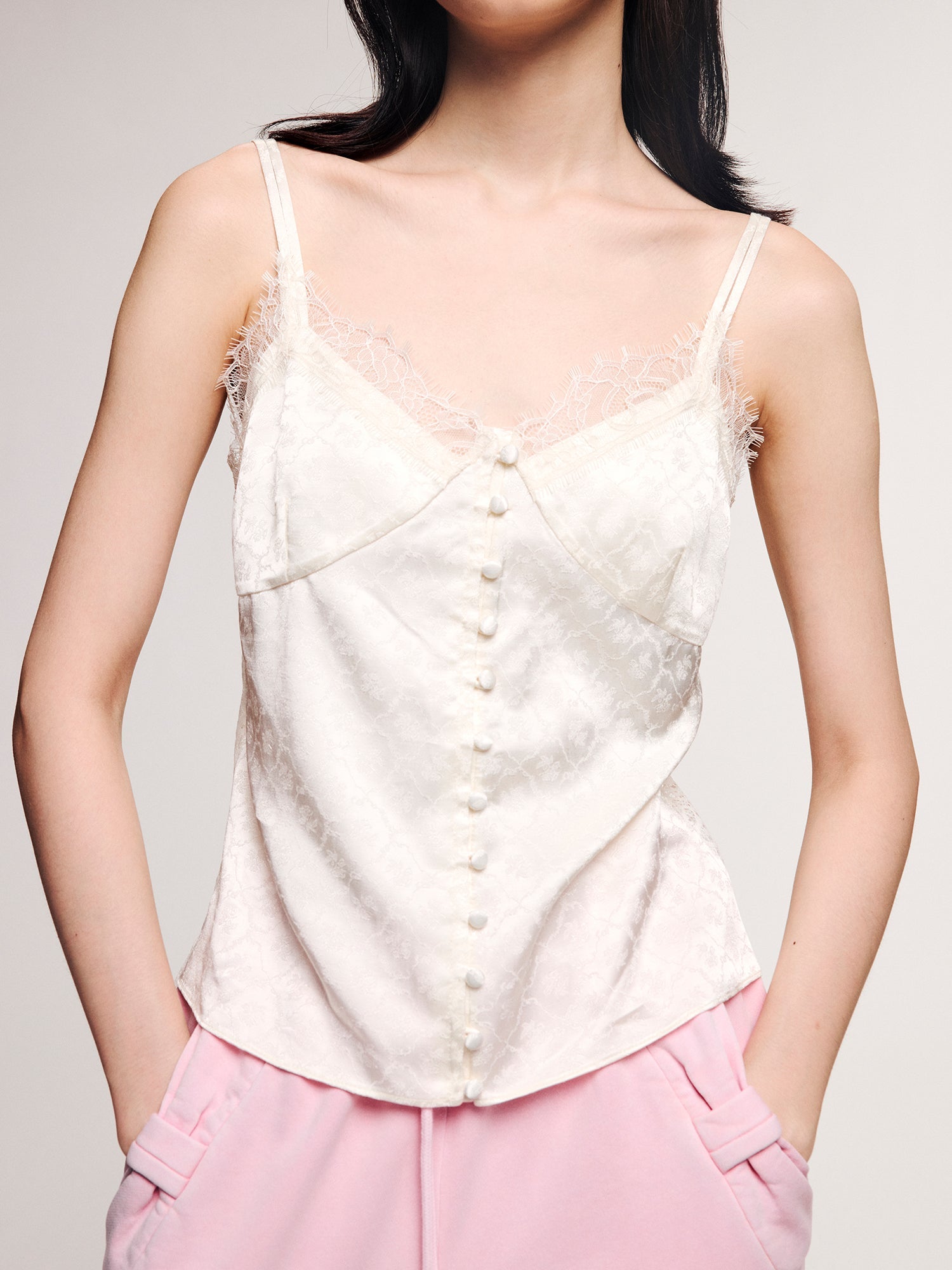 Lace-panel jacquard camisole