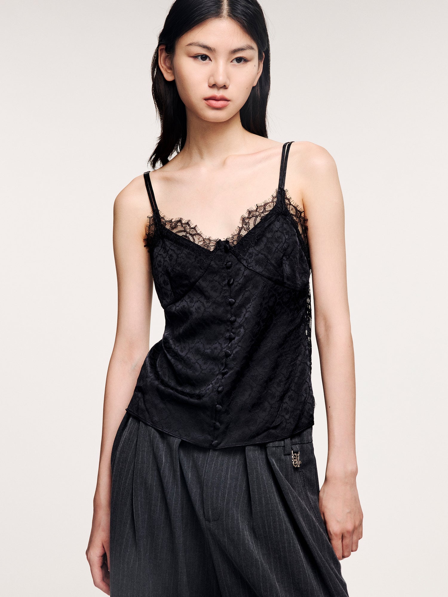Jacquard camisole with lace trim