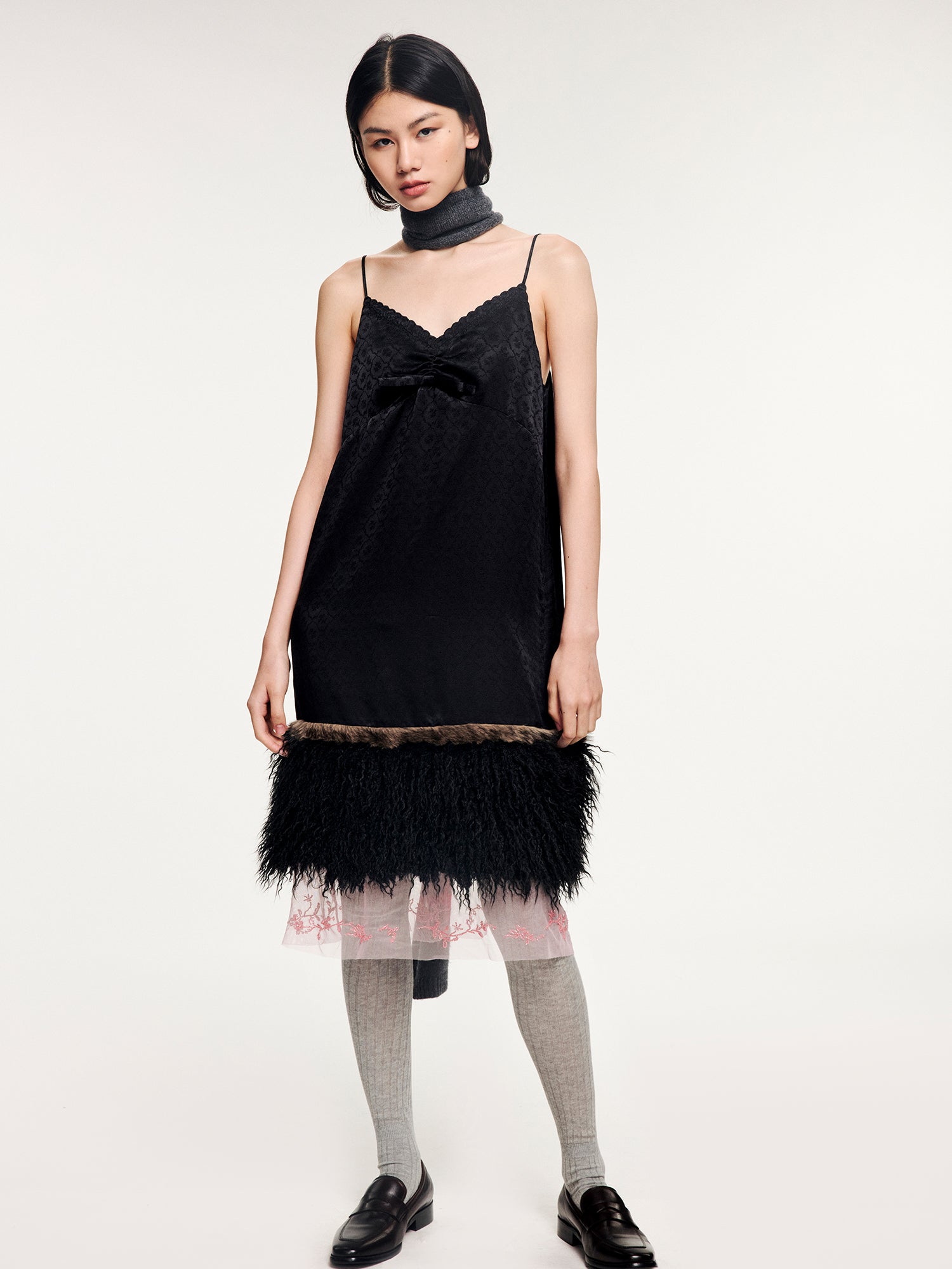 Jacquard slip dress with plush hem